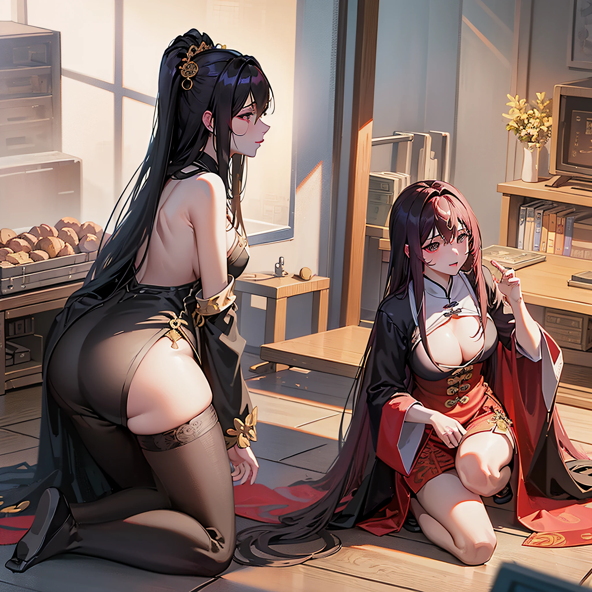 Masterpiece, best quality, high quality, light refraction effect, big breasts, fair-skinned villain beauty, long black hair, black long skirt, exposed, cleavage, Chinese Tang Dynasty element style, Song Huizong style, Zhang Daqian style, delicate facial features, crimson cheeks, kneeling on the ground