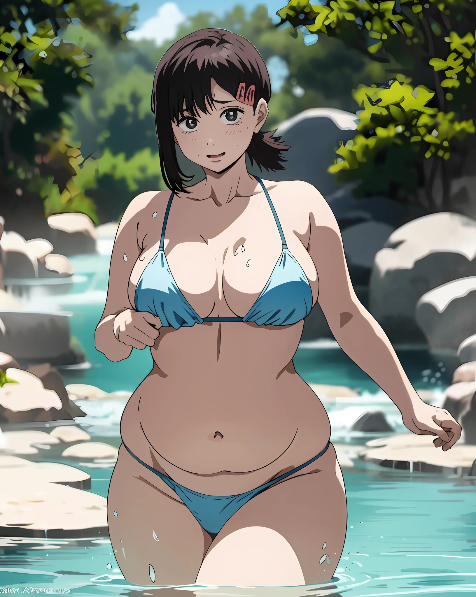 1girl, in hot springs, bath, half body in the water, covering breasts with arms, sexy, full body masterpiece, cute figure, face facing the viewer, provocative look, chubby thighs, (chubby waist), a beautiful chubby, (happy)