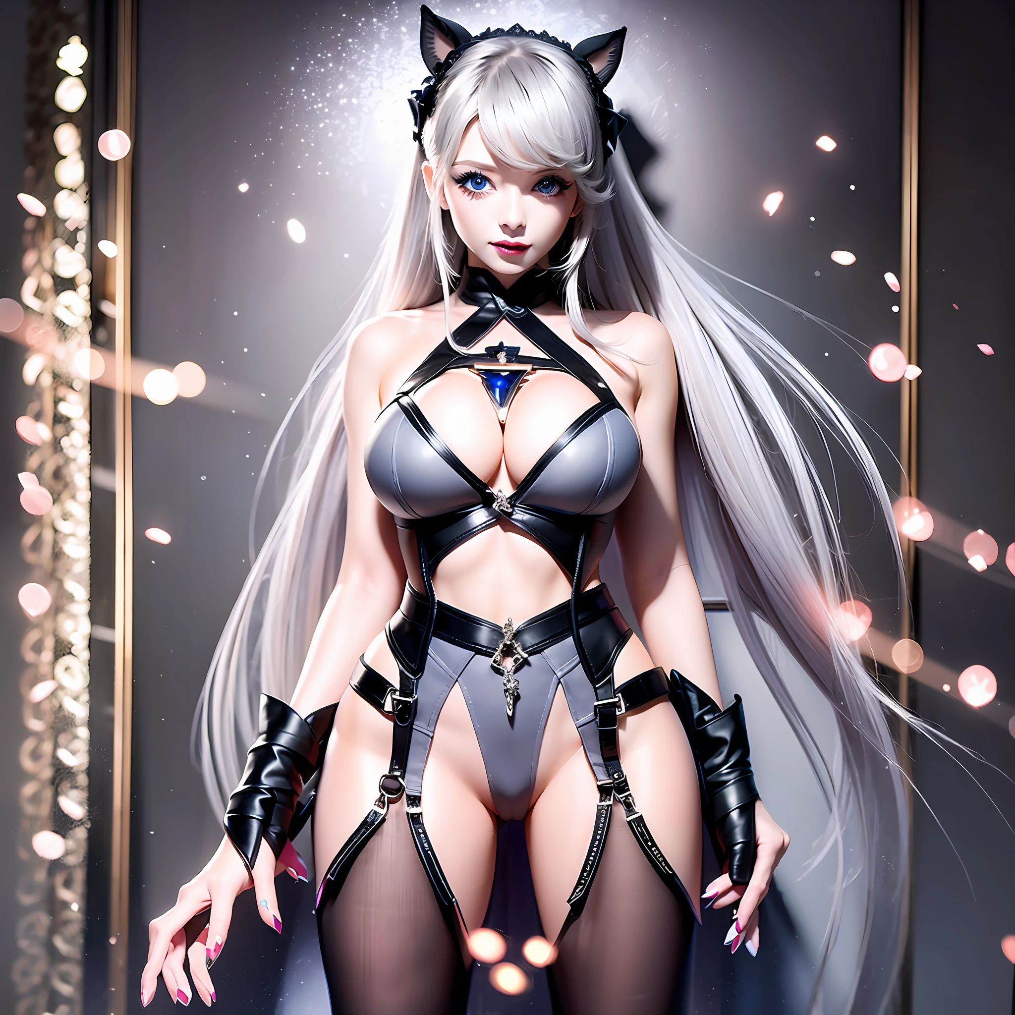 Top Quality, Masterpiece, Gray Hair, Blue Eyes, Extraordinary Beauty, Supermodel, Tattoo, Bondage Fashion, Full Body --auto --s2