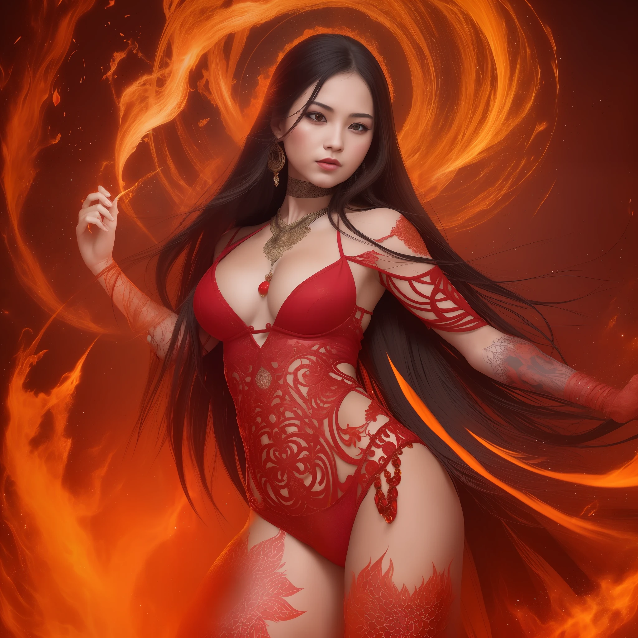 Artwork depicting fire spirits evokes a sense of vitality and passion. The body of the Fire Spirit is enveloped in red and orange flames, giving the impression that it is in a raging flame. The silhouette is blurred by the dance of flames, and the beauty of a woman emits a mysterious glow. There is depth in her expression, and you can see the passion hidden in her. This work embodies the strength and heat of the Fire Spirit and conveys its intense energy to the viewer, interweaving photorealistic with Zentangle and Mandala, masterpiece, highest quality, ultra-detail, HDR, 8K