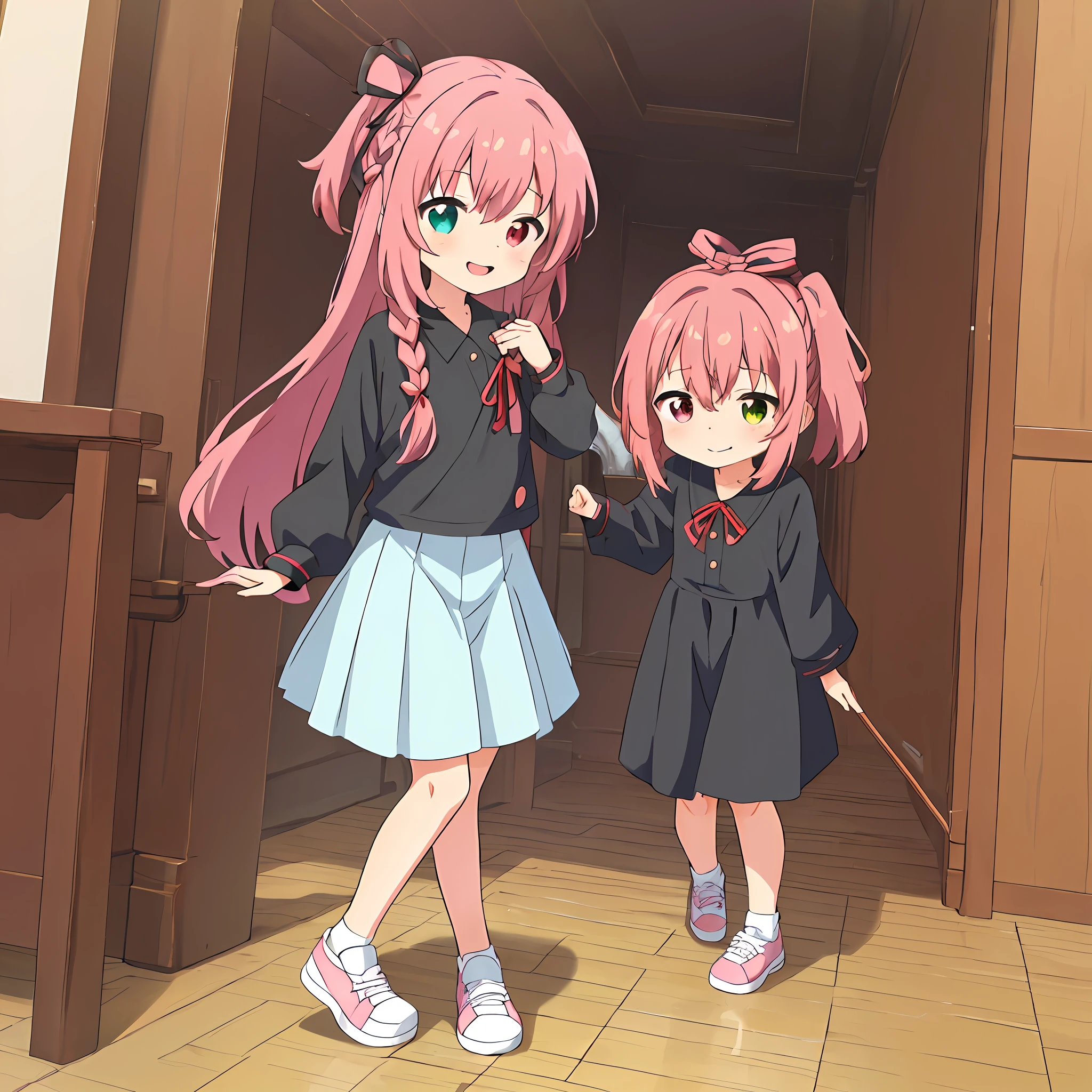 (Masterpiece, Super Detail, Best Quality, 8K, 32K, HDTV, Kyoto Animation Style Anime Illustration, Best Picture Official Art Function: 1.6), (Heterochromia, Blue and Green Eyes: 1.8), Shining Eyes, (Chibi: 1.8), (Caregiver, Cute Girl One, Solo, Standing, Watch Viewer, Full Body, Front, Cute Open Mouth, Makeup, Cute, Happy Smile (1.3), (: 1.2), (cute: 1.5), (clothes: black long undershirt, red polo shirt with 3 button simple design, black long pants: 1.5), (footwear: sneakers), (pale pink hair, braid, long hair, hair ribbon, cute ribbon: 1.1), thin eyebrows, (have to pee: 2.0)
