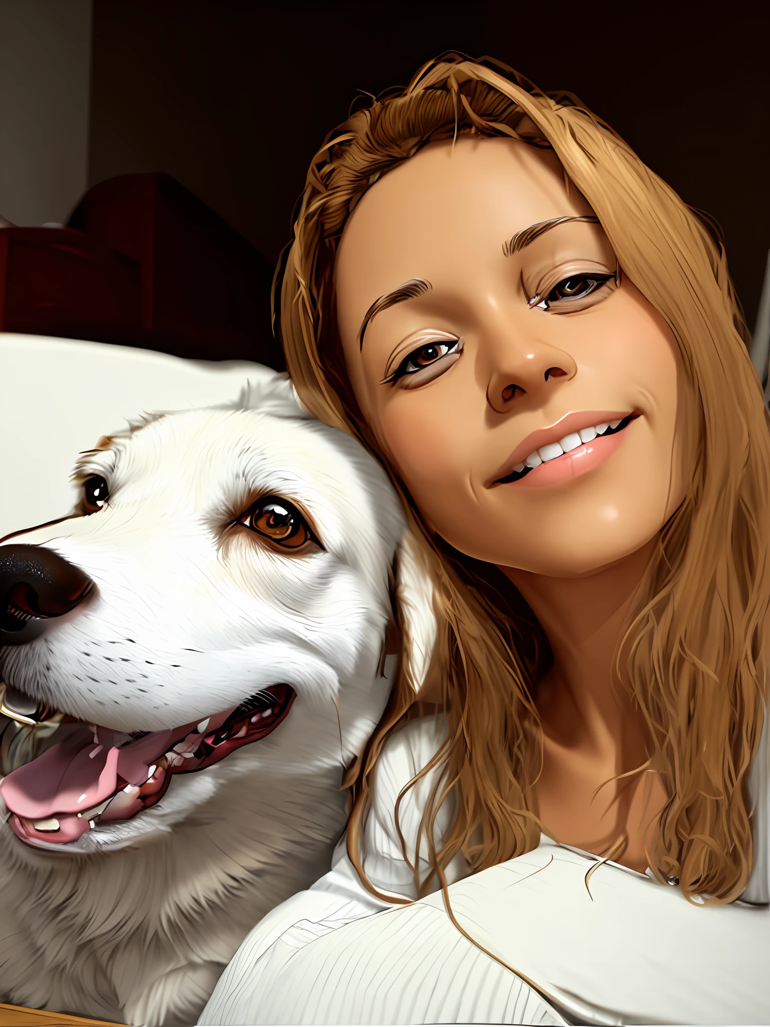 blonde woman, honey colored eyes, with dog, brown and white in the room, 40 years old Brazilian mother, anime, realistic animation style,