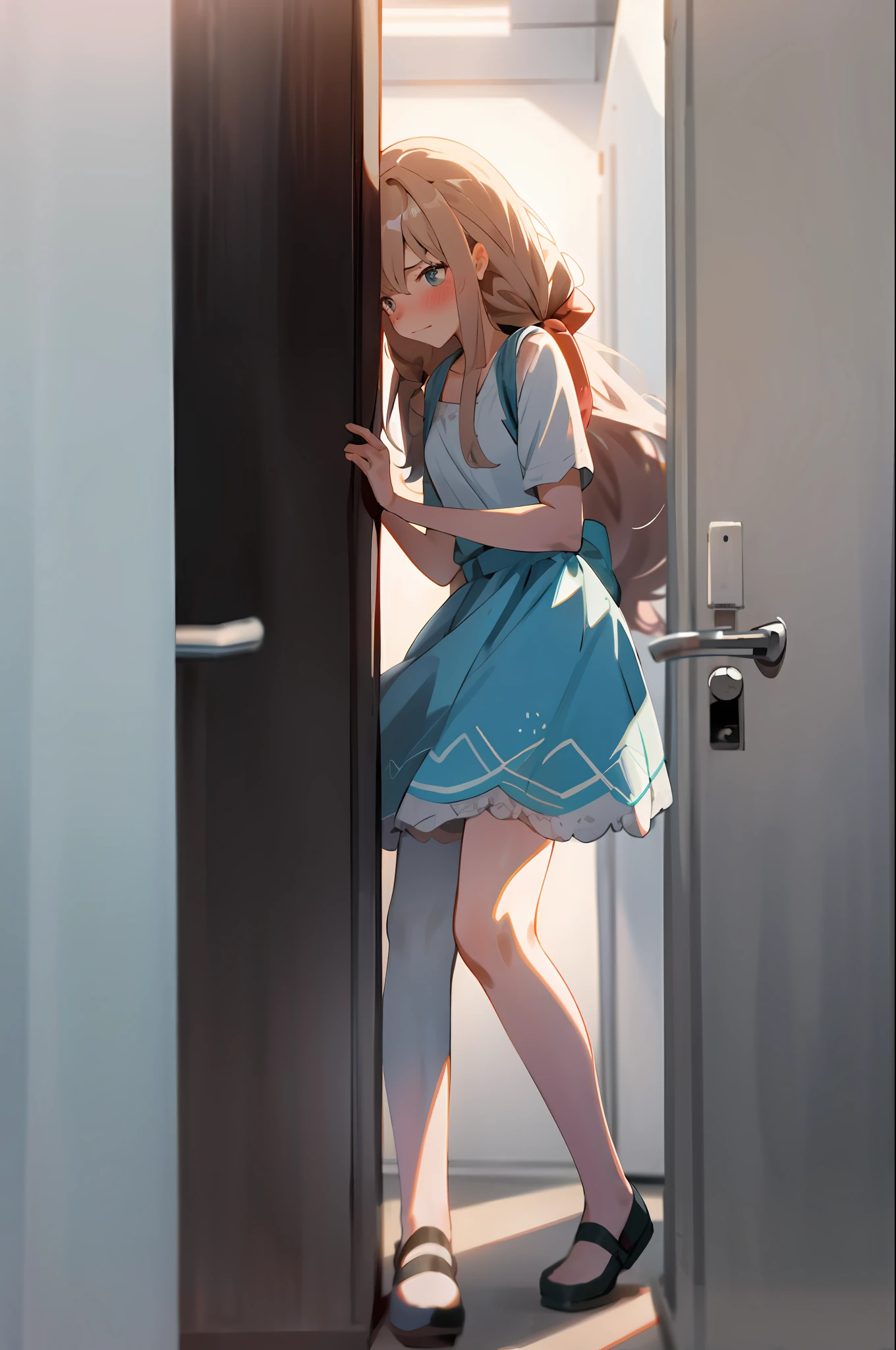 1girl with long hair and dress, 1 girl is taking to lavatory, looking away, standing, embarrassed, blush, Keep one's mouth shut, street (girl is peeing self:0.4)