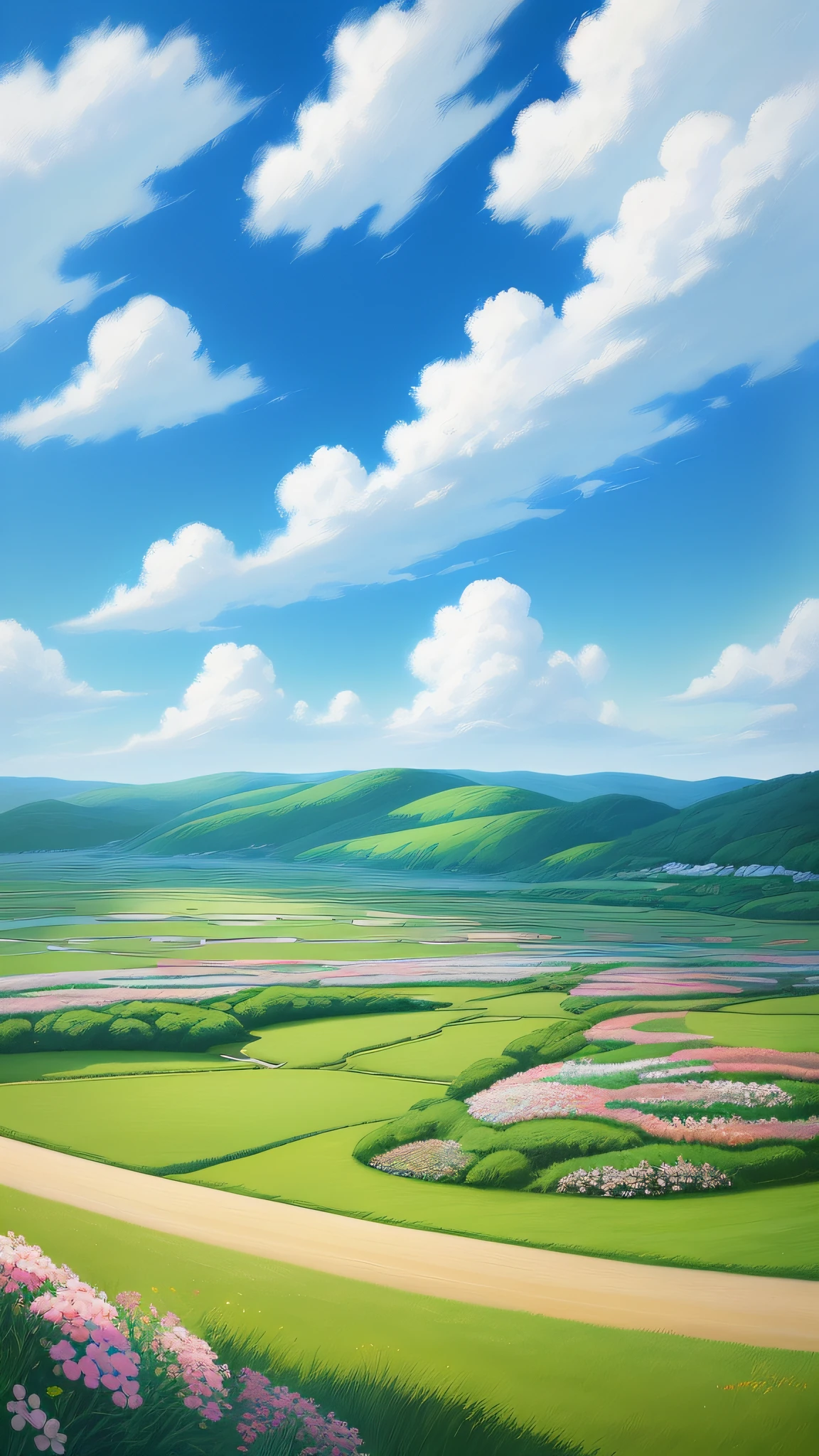 Realistic, authentic, beautiful and amazing landscape oil painting Studio Ghibli Hayao Miyazaki&#39;s petal grassland with blue sky and white clouds --v6