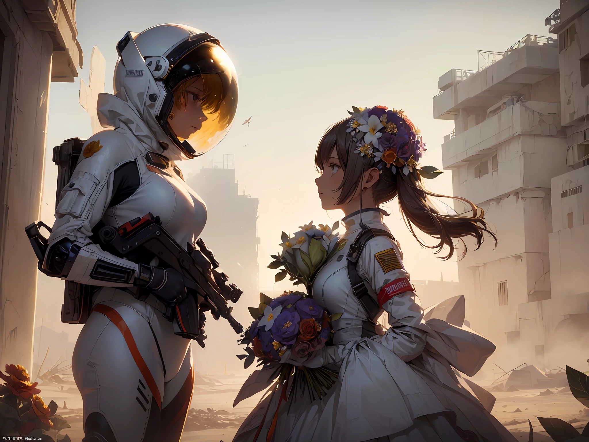 masterpiece, hyperdetail, Illustrations, dynamic angle, 1 girl, wearing space suit helmet, (wedding dress), full body, outdoor, (dust, sandstorm:L1.2), post-apocalyptic wasteland, third person, (withe flower:1.5), illustration, vivd color, cinematic lighting,
