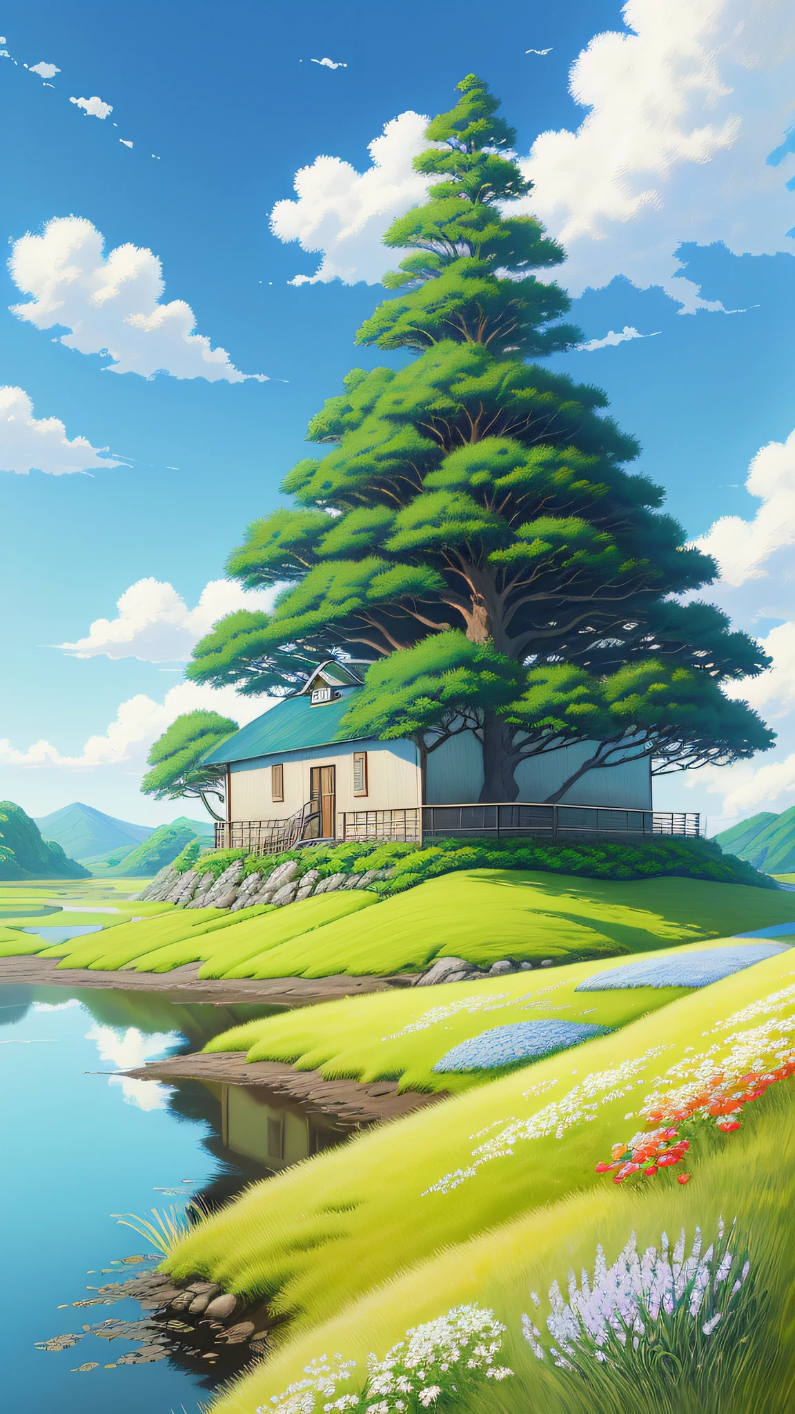 Realistic, authentic, beautiful and amazing landscape oil painting Studio Ghibli Hayao Miyazaki&#39;s petal grassland with blue sky and white clouds --v6