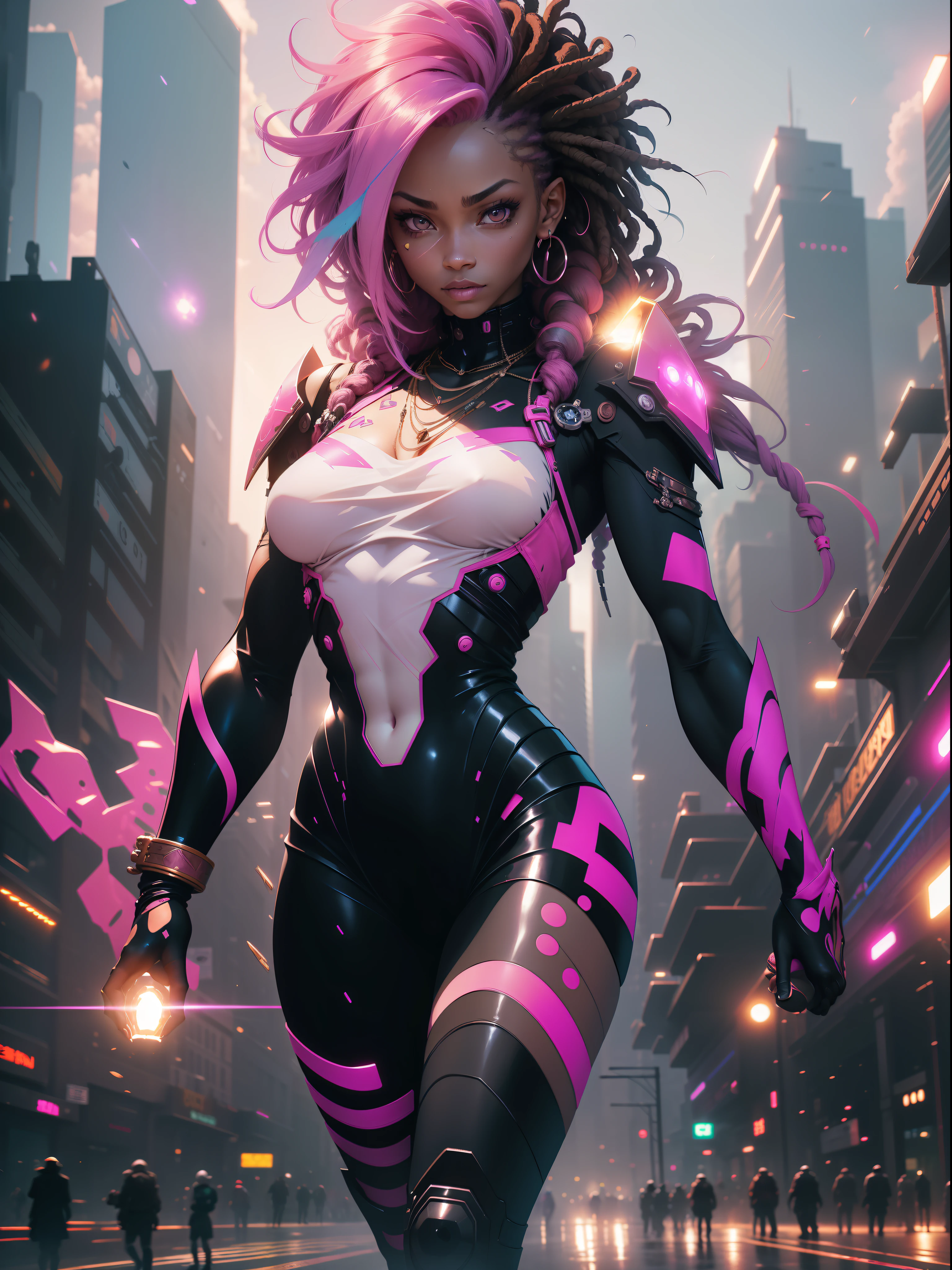((Best quality)), ((masterpiece)), (detailed: 1.4), (Absurd), Zulu warrior, African bracelets and necklaces, black skin, cybernetic hands, Clothing with spectacular tribal designs, explosion of colors, cosmic tattoo, nebulous, muscular sculptural body defined, whole body, half thick naked thighs, closed mouth, body covered by technological clothing, Neon Genesis Evangelion style, cyberpunk, generous neckline, ((perfect medium breasts)), (super light brown eyes), ((totally burgundy clothing)), (((black and pink hair with dreadlocks)))), long and black eyelashes heavy makeup, various African jewelry, bare legs, by mucha, niji --V5, close to real, psychopath, crazy face, sexy pose, fractal background, 2 piece clothing, pastel, centered, scale to fit dimensions, HDR (High Dynamic Range),Ray Tracing,NVIDIA RTX,Super-Resolution,Unreal 5, Subsurface Dispersion, PBR Texture, Post-processing, Anisotropic Filtering, Depth of Field, Maximum Clarity and Sharpness, Multilayer Textures, Albedo and Specular Maps, Surface Shading, Accurate Simulation of Light-Material Interaction, Perfect Proportions, Octane Render, Two-Tone Lighting, Wide Aperture, Low ISO, White Balance, Rule of Thirds, 8K RAW, Crysisnanosuit