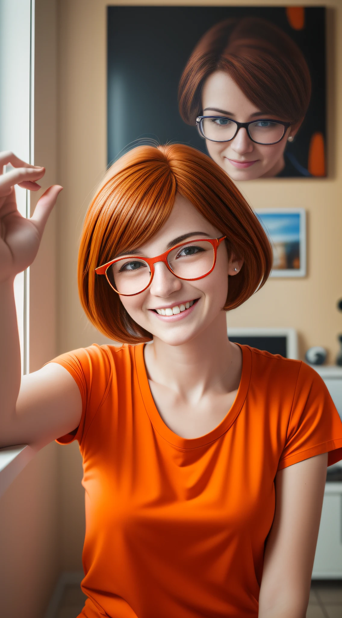ma character 27 year old woman wearing beautiful orange glasses and smiling wearing a plain orange mesh t-shirt, orange brown hair very short and spiky, leaning against an orange wall, pointing to the left, cinematic lighting, shallow depth of field, 8k uhd, DSLR, 35mm 1.8 lens, masterpiece, high quality, photorealistic, realism, hyperrealism,  Art photography --auto --s2