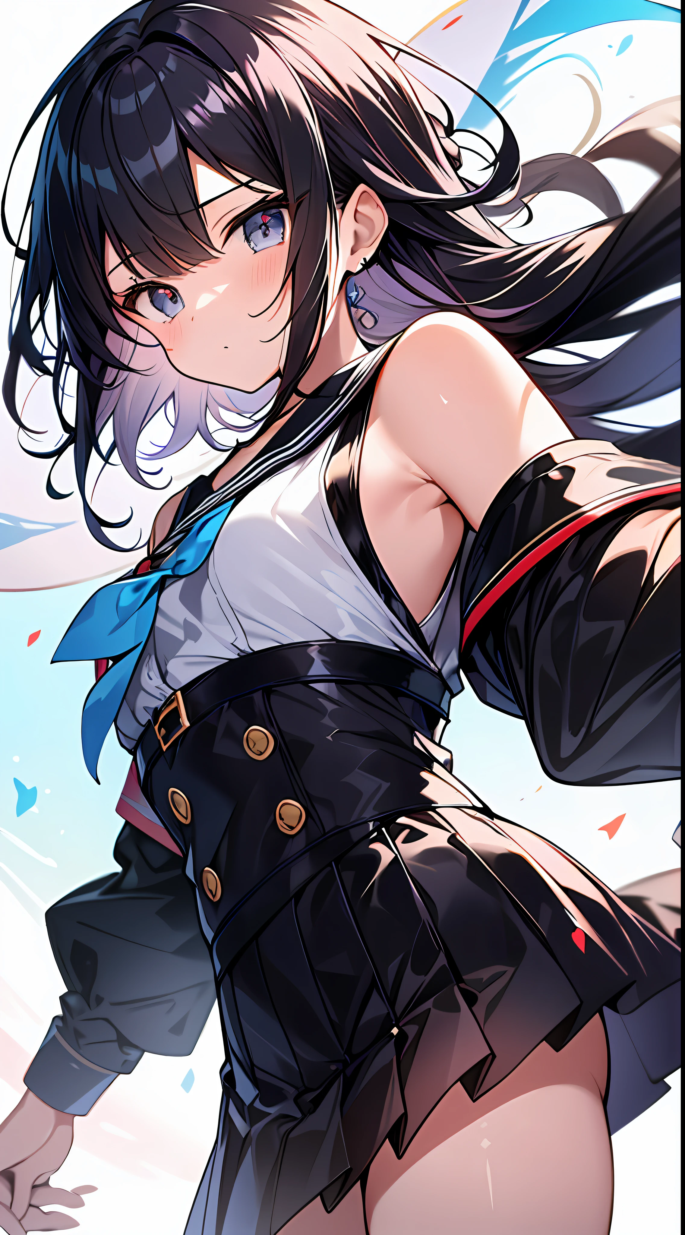 Top Quality, Masterpiece, Ultra High Resolution, 8K, Anime Style Small Loli with Non-Sleeve and Colorful Mini Skirt, Single, Detailed Line Art, Digital Enhancement, Anime Core, Flowing Fabric, Close Up, Hair Length to Shoulder and Short Braid, Running, Hair Fluttering in the Wind, Beautiful Black Hair, Looking Up Angle, Patchy Eyes