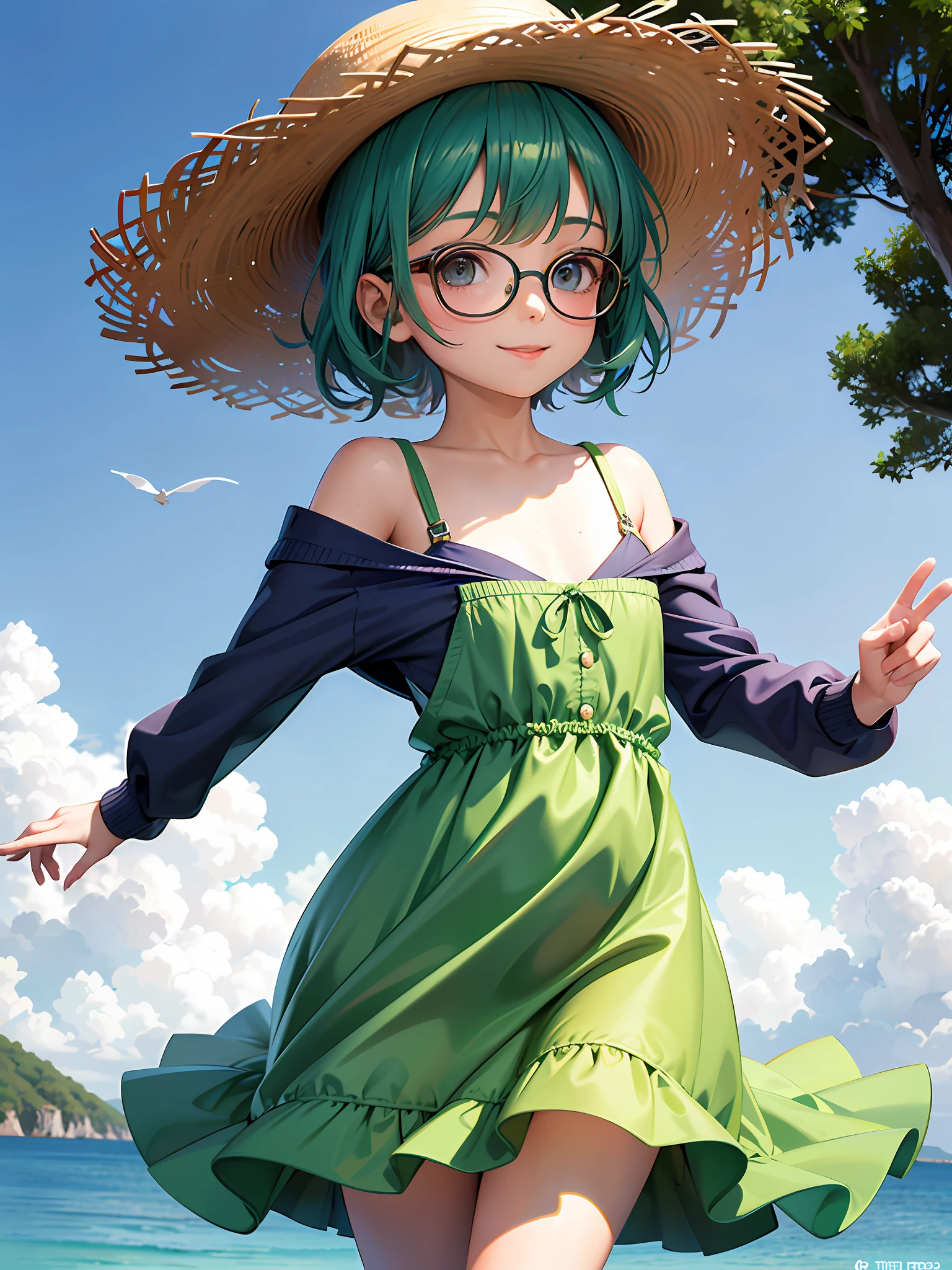 (Chibi), 1 girl, Deep eyes, Green hair, Short cut, Big round glasses, Smile, Happy, Petite breasts, (flat chest, less constricted:1.2), Smock blouse, hoodies, culottes, (blue and green gradient clothes), Full body, Angle from above, (super detailed background: 1.2, bokeh, bubbles floating), Moisturized eyes, shiny hair, ultra-detailed skin, with a large bouquet, straw hat, cardigan, sunny weather,