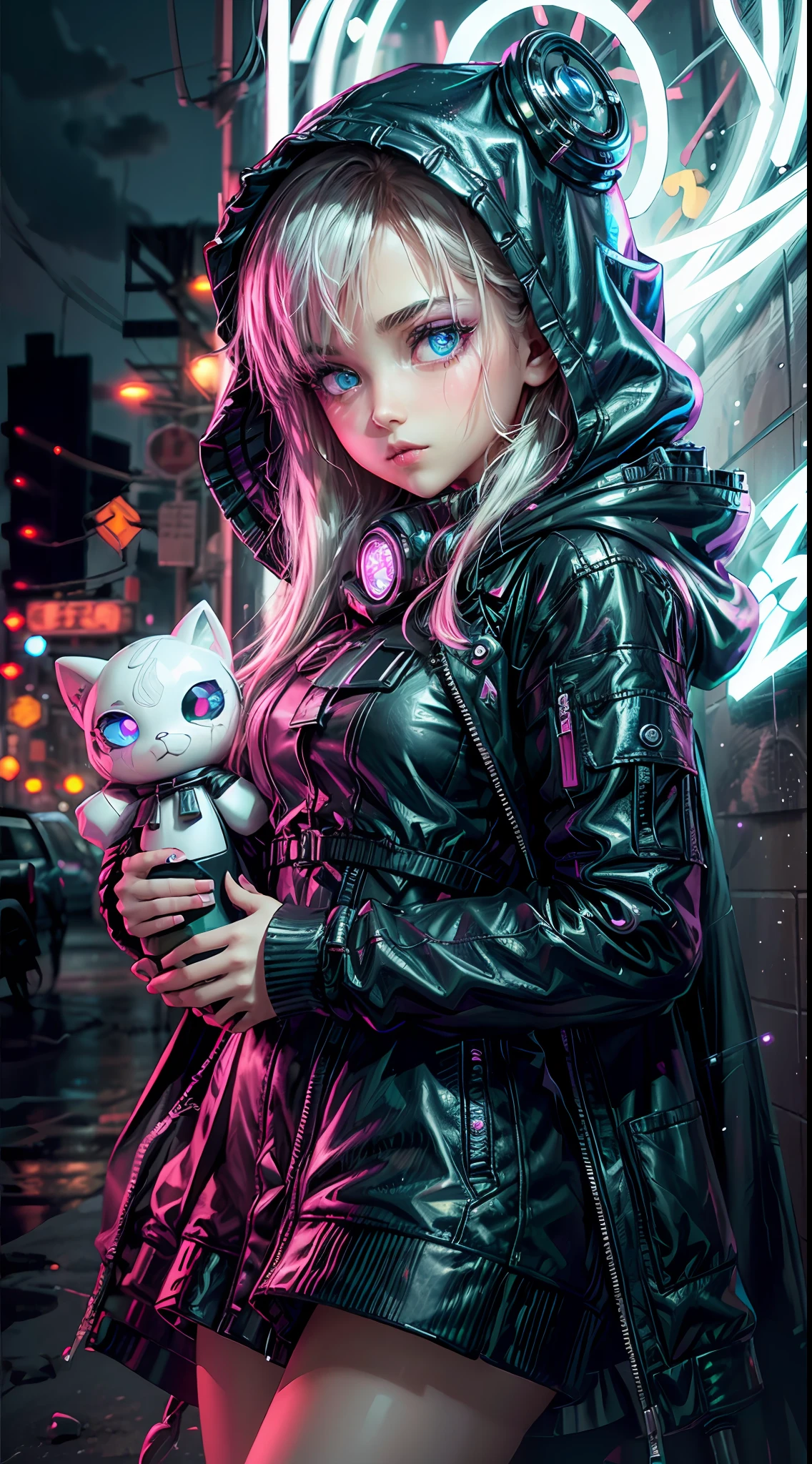 ((Best Quality)), ((Masterpiece)), (Very detailed: 1.3), 3D, NeonNoir, beautiful cyberpunk loli, (holding a huge doll in hand: 1.2), (wearing monocle: 1.2), (diamond-shaped pupils: 1.2), heart-shaped, wearing a long hood cape, (wearing a hood: 1.2), purple neon on the monitor, colorful neon signs on the wall, street lights, (white emitting: 1.1), Contemptuous eyes, raining, leaning against the corner, Sony master shot,