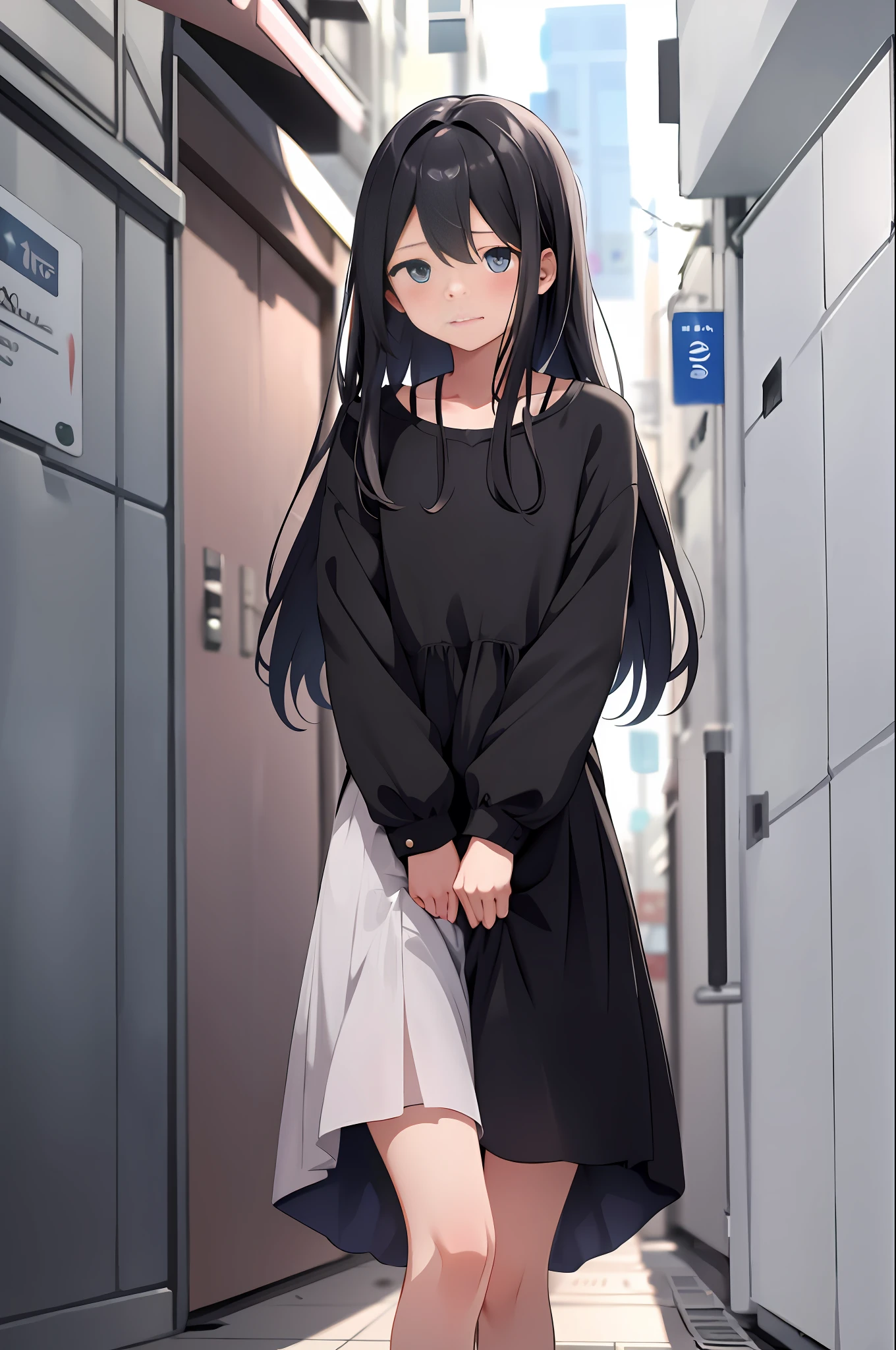 One girl with long hair and dress, one girl takes to the bathroom, looks away, stands, despair, embarrassed, blushes, mouth closed, street (girl is peeing): 0.4), have to pee,, clothes are soaked, have panties