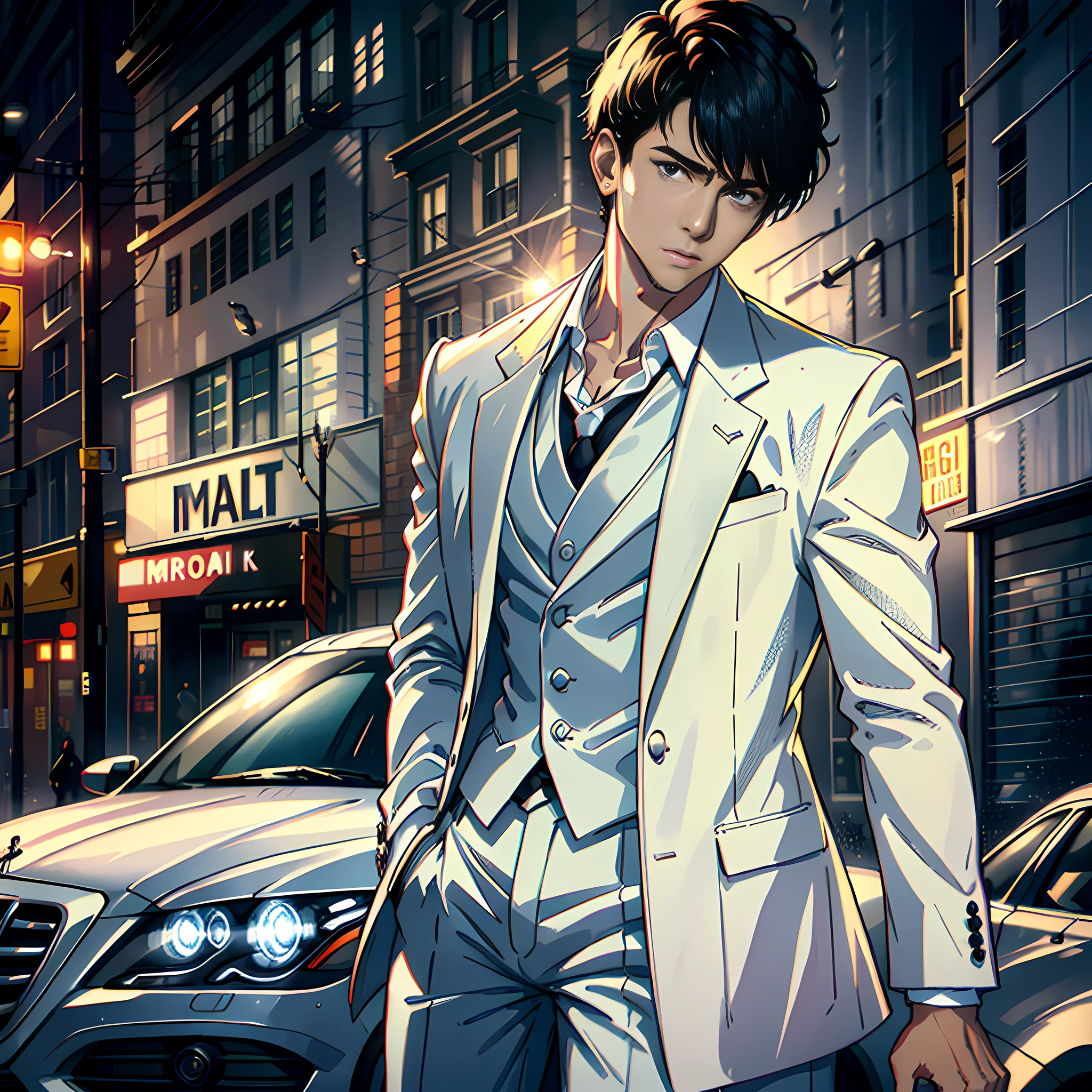A handsome boy, white sports coat, short black hair, a Maybach parked in front of him, super high detail, high realism, 4K, chiaroscuro, super detail