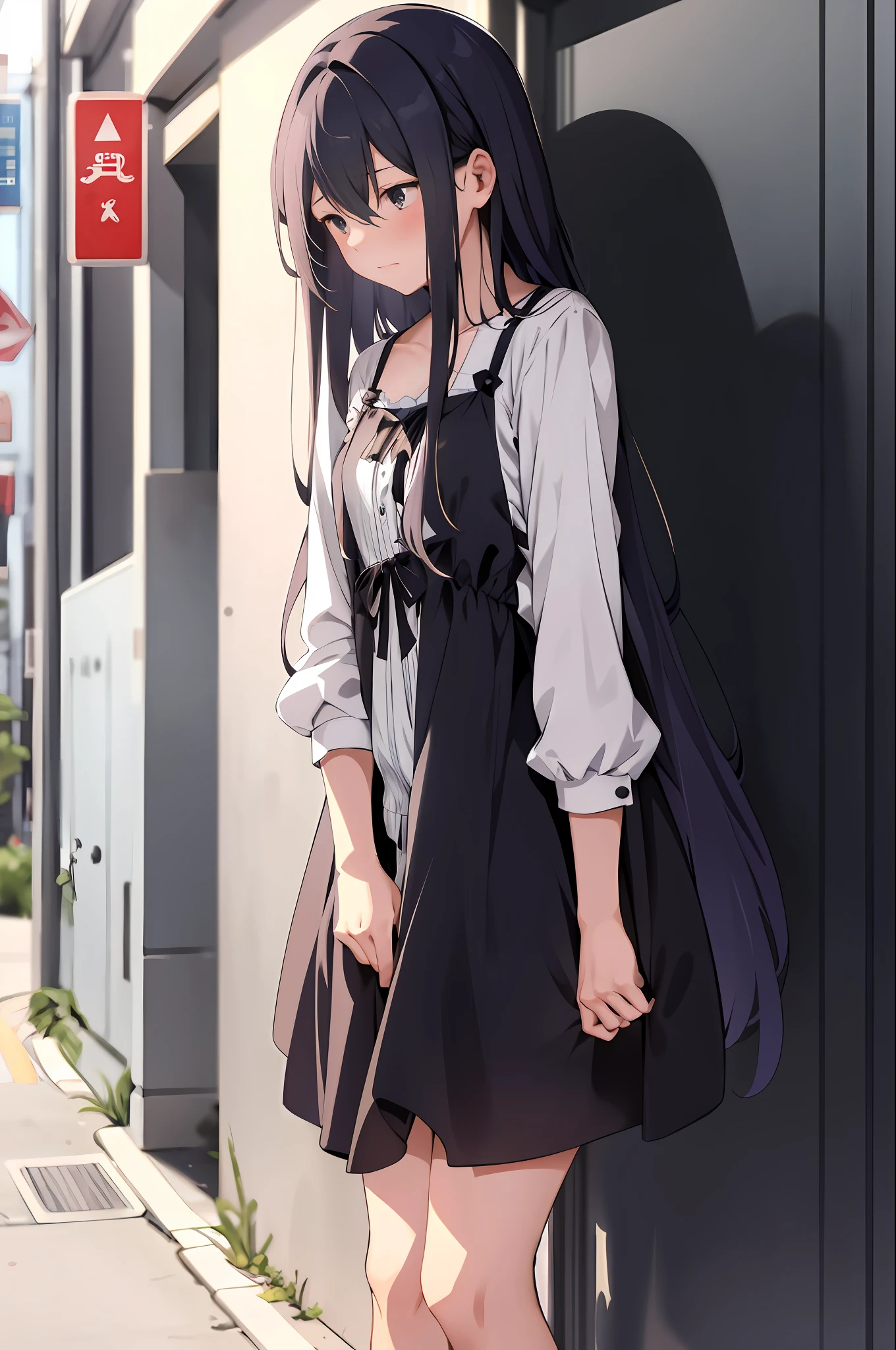 One girl with long hair and dress, one girl takes to the bathroom, looks away, stands, despair, embarrassed, blushes, mouth closed, street (girl is peeing): 0.4), have to pee,, clothes are soaked, have panties