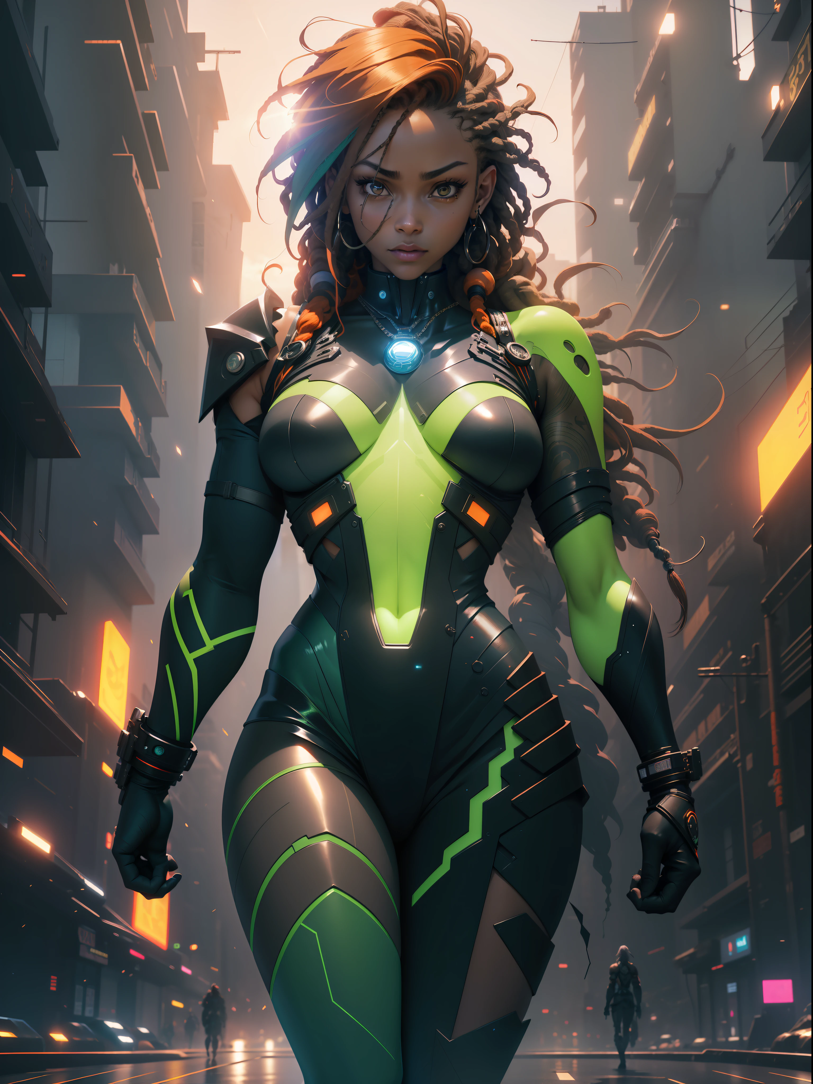 ((Best quality)), ((masterpiece)), (detailed: 1.4), (Absurd), Zulu warrior, African bracelets and necklaces, black skin, cybernetic hands, Clothing with spectacular tribal designs, explosion of colors, cosmic tattoo, nebulous, muscular sculptural body defined, whole body, half thick naked thighs, closed mouth, body covered by technological clothing, Neon Genesis Evangelion style, cyberpunk, generous neckline, ((perfect medium breasts)), (super light brown eyes), ((totally dark green and orange clothing)), (((hair with dreadlocks)))), long eyelashes and black heavy makeup, various African jewelry, garter belt made with barbed wire, by mucha, niji --V5, close to real, psychopath, crazy face, sexy pose, fractal background, 2 pieces clothing, pastel, centered, scale to fit the dimensions, HDR (High Dynamic Range),Ray Tracing,NVIDIA RTX, Super-Resolution,Unreal 5,Subsurface Dispersion, PBR Texture, Post-processing, Anisotropic Filtering, Depth of Field, Maximum Clarity and Sharpness, Multilayer Textures, Albedo and Specular Maps, Surface Shading, Accurate Simulation of Light-Material Interaction, Perfect Proportions, Octane Render, Two-Tone Lighting, Wide Aperture, Low ISO, White Balance, Rule of Thirds, 8K RAW, Crysisnanosuit