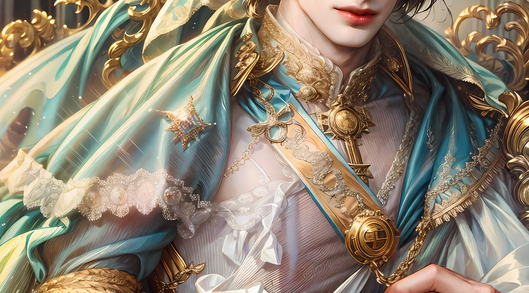 Prince, Young Man, Male, 1boy, Mature Male, Manly, portraying delicate eyes, Opal eyes, depicting delicate facial features, white uniform, white gloves, aristocratic dress, ribbon, medallion, extreme detail, delicate depiction, royalty, elegant, noble, royal dress, depth of field effect, background is palace, dramatic composition, dynamic pose, look at the camera