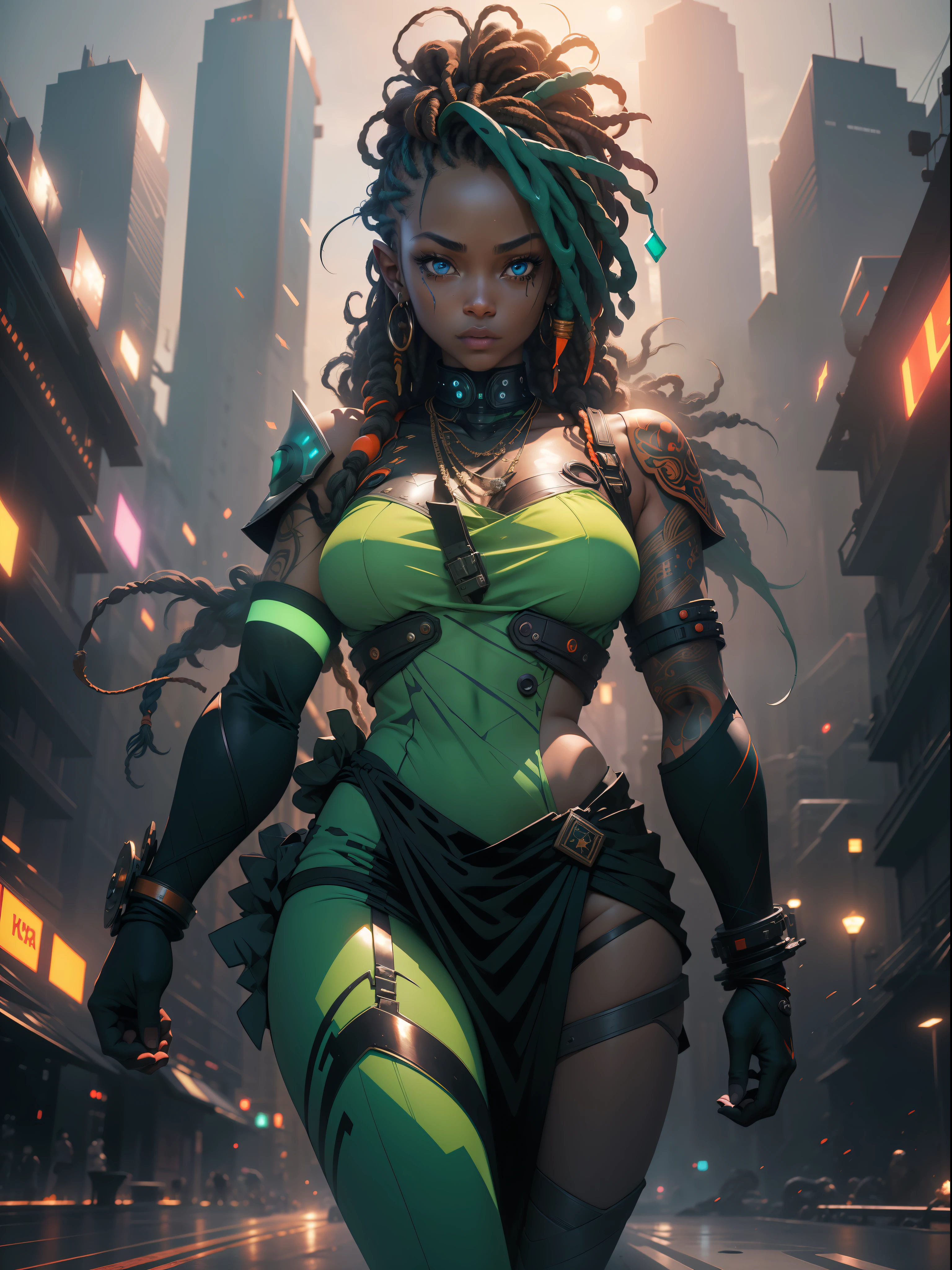 ((Best quality)), ((masterpiece)), (detailed: 1.4), (Absurd), Zulu warrior, African bracelets and necklaces, black skin , Clothing with spectacular tribal designs, explosion of colors, cosmic tattoo, nebulous, muscular sculptural body defined, whole body, half thick naked thighs, closed mouth, body covered by technological clothing, Neon Genesis Evangelion style, cyberpunk, generous neckline, ((perfect medium breasts)), (super light blue eyes), ((totally dark green and orange clothing)), (((hair with dreadlocks)))), long eyelashes and black heavy makeup, various African jewelry, garter belt made with barbed wire, by mucha, niji --V5, close to real, psychopath, crazy face, sexy pose, fractal background, 2 pieces clothing, pastel, centered, scale to fit the dimensions, HDR (High Dynamic Range),Ray Tracing,NVIDIA RTX, Super-Resolution,Unreal 5,Subsurface Dispersion, PBR Texture, Post-processing, Anisotropic Filtering, Depth of Field, Maximum Clarity and Sharpness, Multilayer Textures, Albedo and Specular Maps, Surface Shading, Accurate Simulation of Light-Material Interaction, Perfect Proportions, Octane Render, Two-Tone Lighting, Wide Aperture, Low ISO, White Balance, Rule of Thirds, 8K RAW, Crysisnanosuit