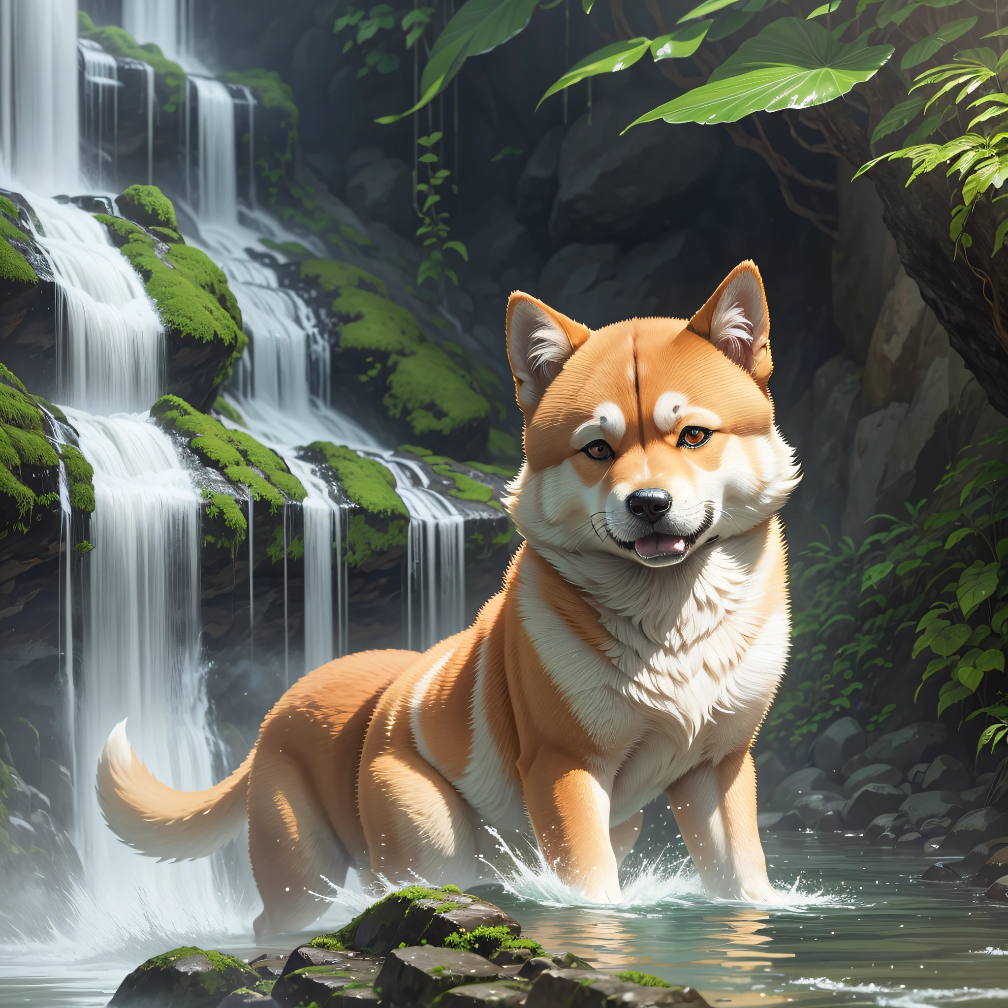 Although it is a jungle, there is a majestic waterfall, and Shiba Inu dogs play in the water there --auto --s2