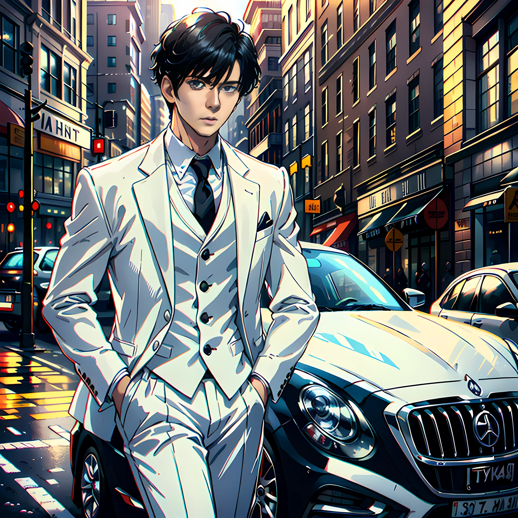 A handsome boy, white sports coat, short black hair, a Maybach parked in front of him, super high detail, high realism, 4K, chiaroscuro, super detail