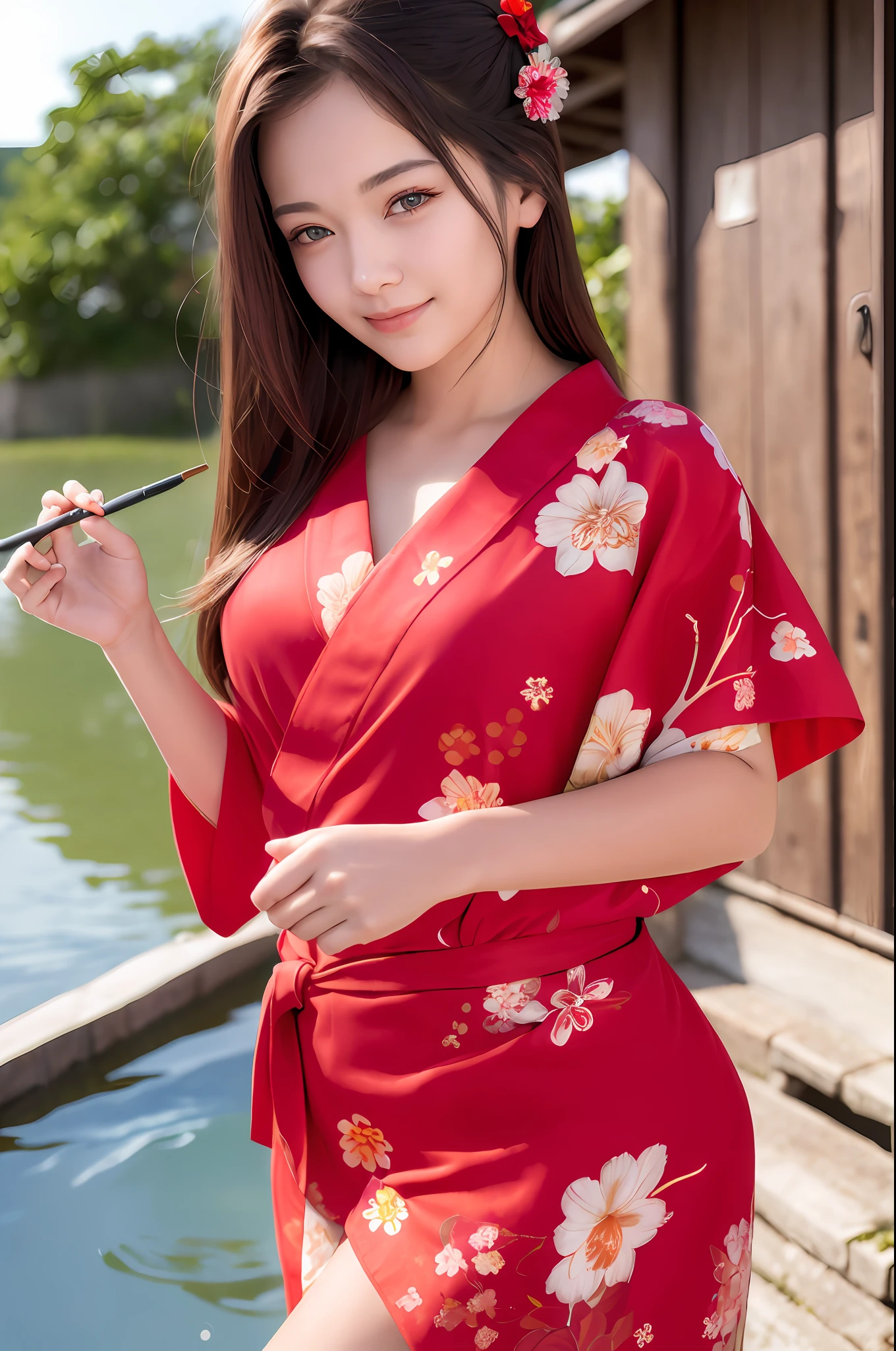 ((masterpiece, top quality, super definition, high definition)), solo, beautiful girl, shining eyes, perfect eyes, 19 years old, red theme, yukata, fireworks