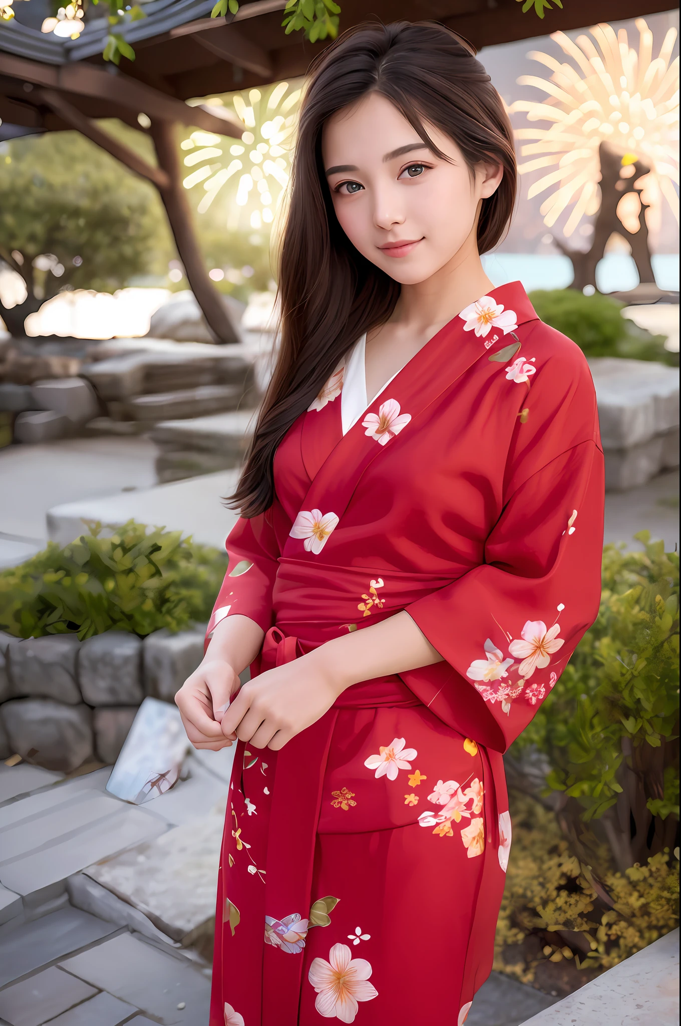 ((masterpiece, top quality, super definition, high definition)), solo, beautiful girl, shining eyes, perfect eyes, 19 years old, red theme, yukata, fireworks