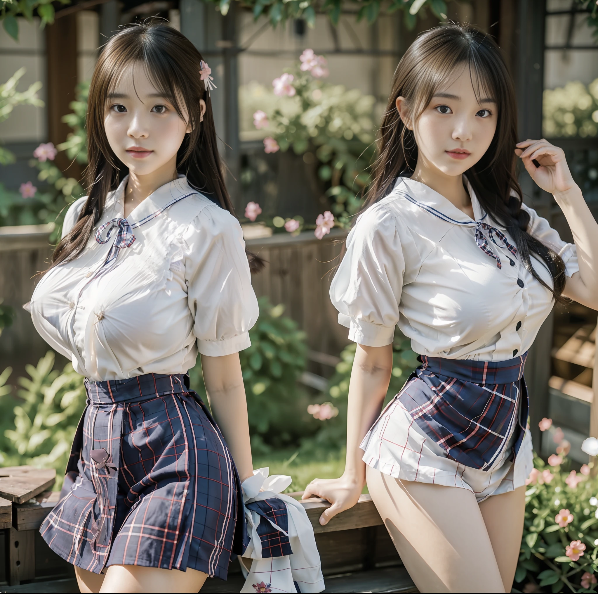 ulzzang-6500-v1.1, (top quality, masterpiece), (raw photo: 1.2), (photorealistic: 1.4), highest quality, master, very tasty and beautiful, highly detailed CG, 8k wallpaper, amazing fine details, master masterpiece, official art, huge file size, high resolution, 2-3 girls, ( snugly next to each other without separation between characters), (there is no break in one piece), teens to twenties, Japan people, Nogizaka girls, (representation of the human body based on precise anatomy), intricate details, Japan schoolgirl uniform, (neat white blouse of smooth sheer fabric with ribbon ties), ( Ultra Mini Navy Blue tartan check pleated skirt), (everyone is wearing the same clothes), (tightly dressed), clothes are smooth and contractile, (less exposed upper body), (white panties), (fasten all buttons of blouse)), blonde, (((very large breasts)), (women with very large breasts), (very spread breasts), (cramped clothes), (no bra), (only the area shows through the skin tone)), (dark brown areola), (small prickles), (big buttocks), (thin thighs), very beautiful eyes, bright ultramarine eyes, (detailed pupils reflecting light), (the iris of the eye is painted with fine radial pattern details), (the expression of the whites of the eyes is slightly dark), (the upper 30% of the eyes are shadowed), double eye lids,( Eyes and mouth half open and sleepless expression),No makeup,snug,No makeup,(nose very low and wide), Natural eyebrows, realistic shading assuming a light source, cute girl and beauty, (whitening skin), baby face, smile, long hair half braid, ((backward pose)), ((looking back from the back),((showing off the buttocks)),(looking straight back and not looking at me)),cuddling, cheeks together, Cross your arms like a lover,Look at your partner, Pick at the of your clothes, Frame in from thighs up, Beautiful garden with flowers, clear sunshine,