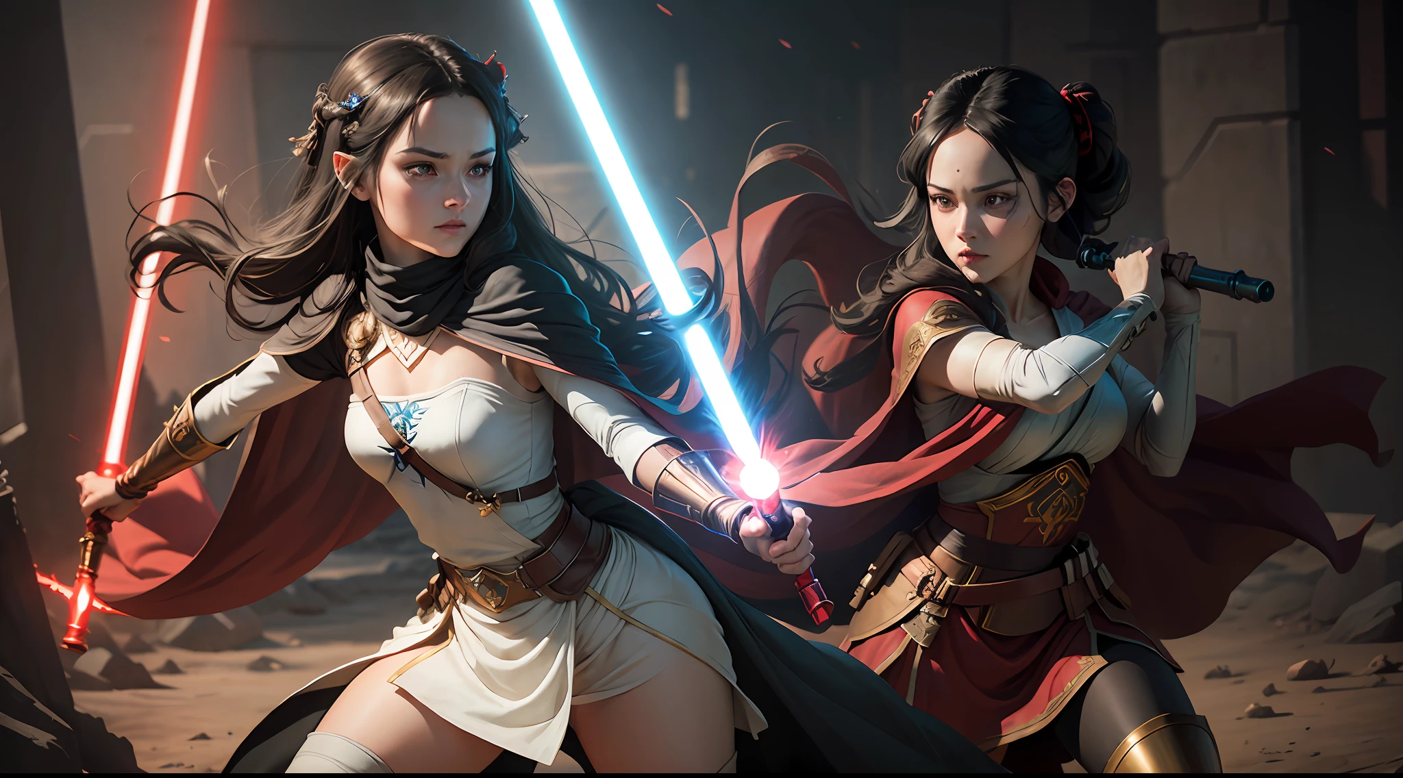 A full-body shot of Princess Zelda, black hair, red eyes, dressed as Rey Skywalker, 30 years old, mature, XL bust, gripping a one red light saber in only one hand, wearing a black cloak with red details, fighting, in a battle stance, Background: Inside the death star space station, Unreal Engine 5, Anime, Anime style, Masterpiece, Well drawn eyes, well drawn face, well detailed eyes, well detailed face, 8k, light and shadow effect.