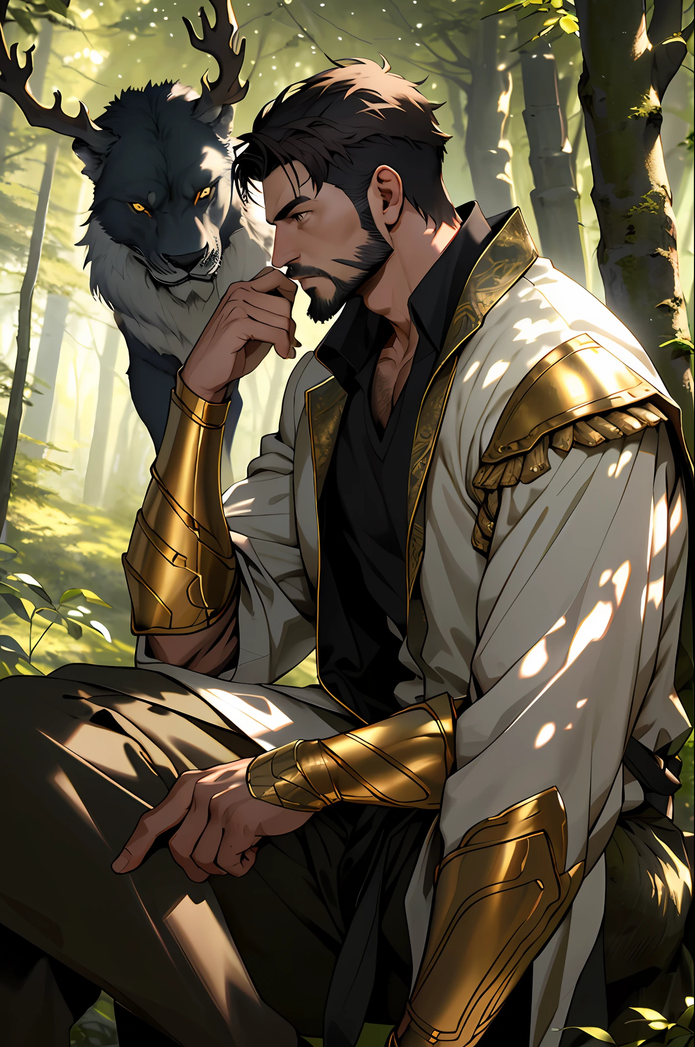 Best quality, masterpiece, expressionless, ultra high res, detailed background, realistic, 1man, solo, male, muscular, mature male, short hair, facial hair, sitting, tree, forest, royal shadow and light, depth of field, chest, golden armor