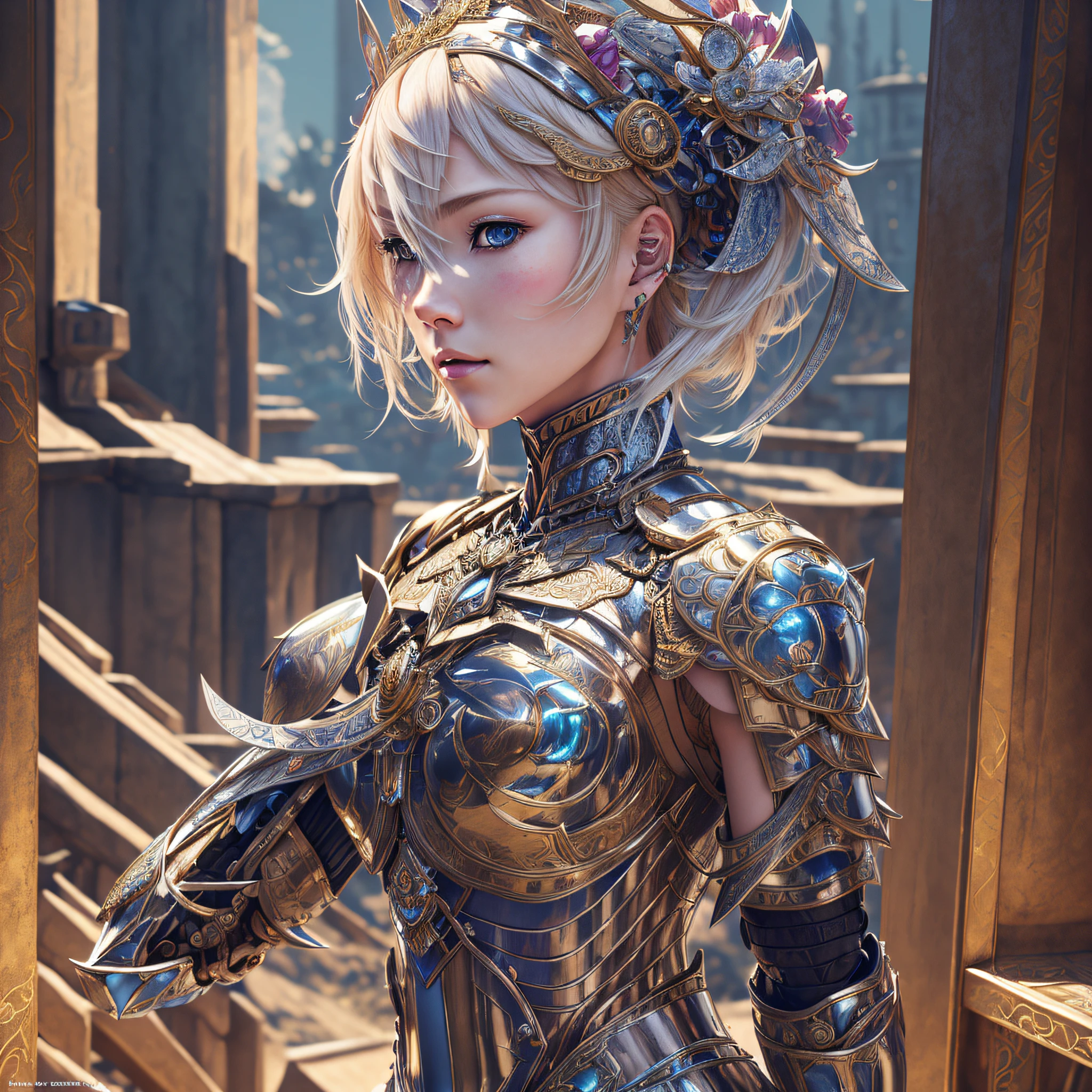 blond haired woman in armor with a crown on her head, 2. 5 d cgi anime fantasy artwork, 8k high quality detailed art, detailed digital anime art, armor girl, 4k highly detailed digital art, anime fantasy artwork, intricate ornate anime cgi style, beautiful armor, stunning armor, perfect anime cyborg woman, steampunk beautiful anime woman, fanart best artstation