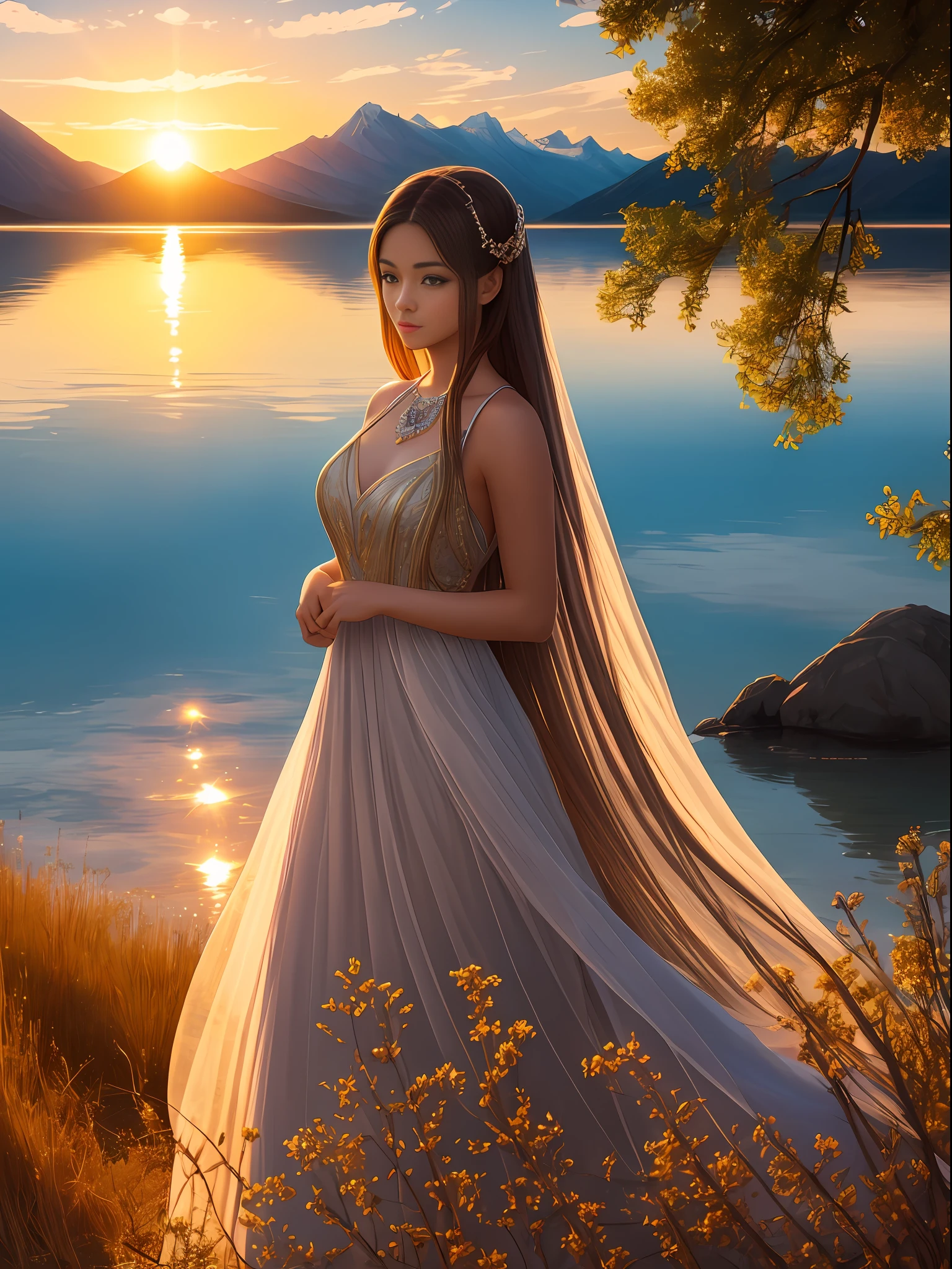 1 girl, serene expression, mesmerizing eyes, straight long hair, flowing dress, poised posture, porcelain skin, subtle blush, crystal pendant
BREAK
golden hour, (rim lighting):1.2, warm tones, sun flare, soft shadows, vibrant colors, painterly effect, dreamy atmosphere
BREAK
scenic lake, distant mountains, willow tree, calm water, reflection, sunlit clouds, peaceful ambiance, idyllic sunset, ultra detailed, official art, unity 8k wallpaper
, zentangle, mandala