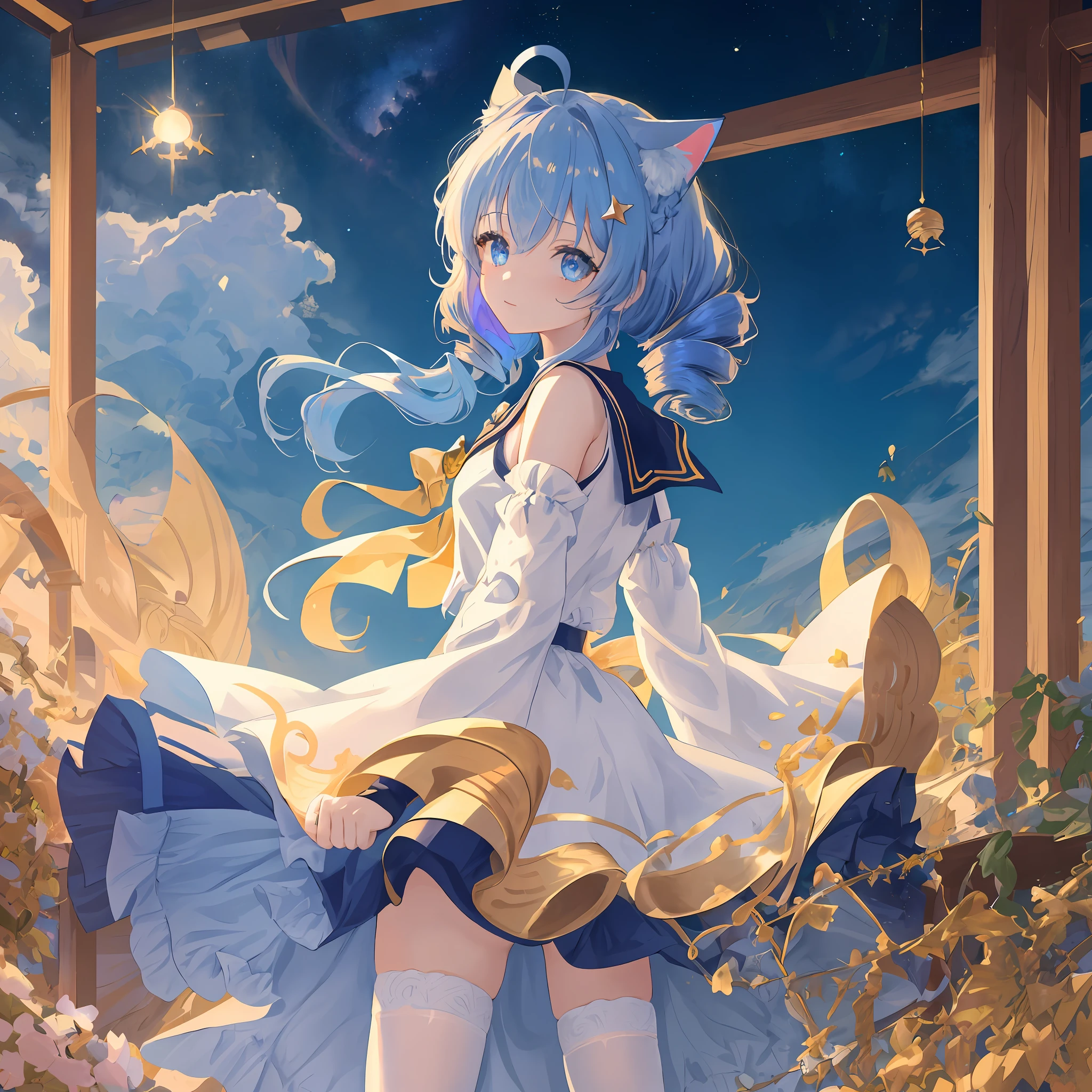 masterpiece, best quality, extremely detailed CG unity 8k wallpaper,kirigami,vibrant nebula sky,（upper body）,1girl,blue eyes, gold hair,gradient hair,hair between eyes,ahoge,cat ears, drill hair,Age:16,looking back,sailor dress,white thighhighs,mary janes,Star headdress