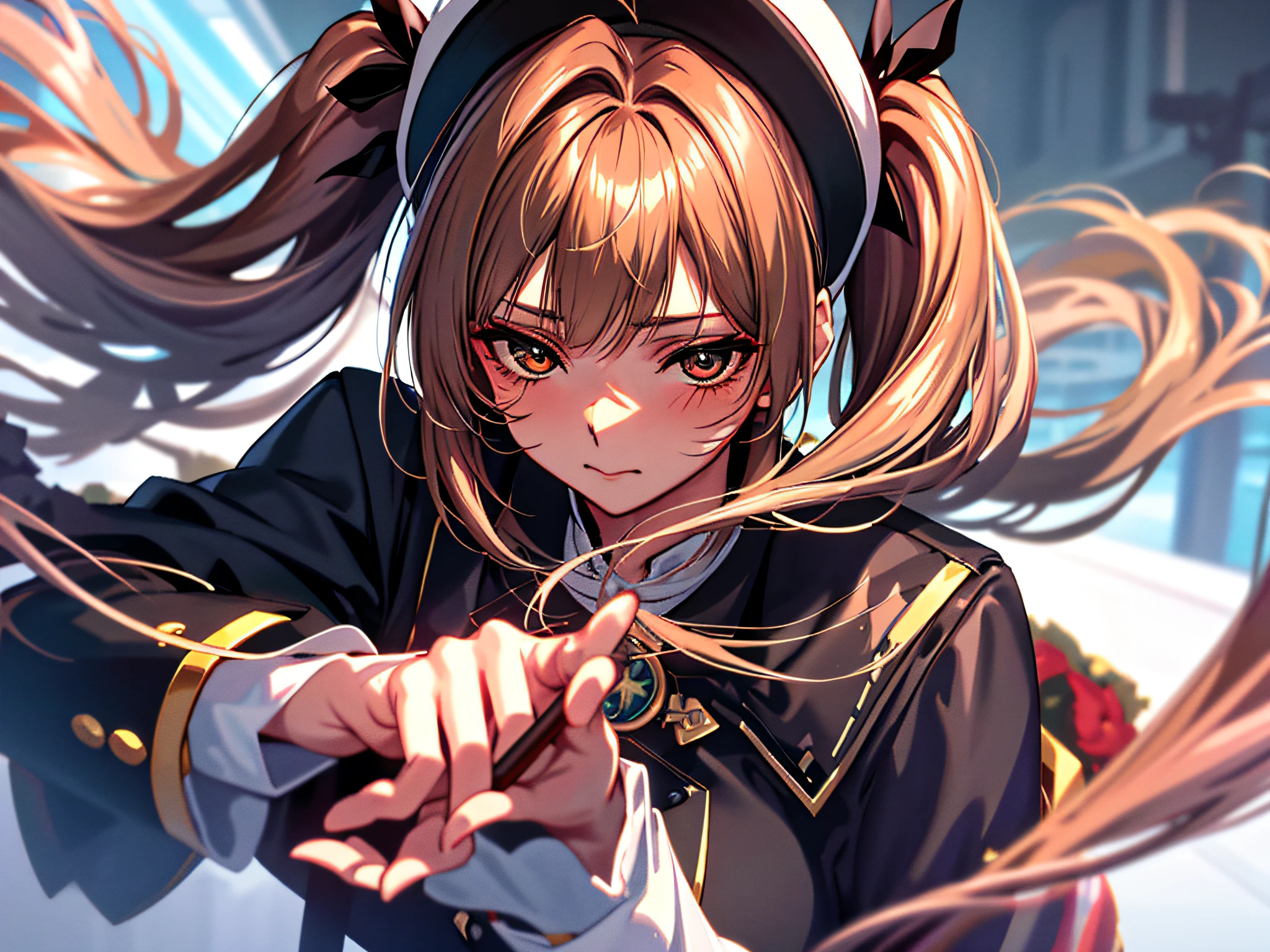 Starry eyes, it looks even more beautiful than immortal, ahoge, hair, star-shaped pupils, amber eyes, colored contact lenses, blush, high detail, anime, romanticism, modern, gothic art, anime style, film lighting, ray tracing, motion lines, first-person perspective, close-up, sony fe gm, uhd, high detail, top quality, 8k, big breasts, Light brown hair, hat, long coat, twin tails, clean fingers, well-formed fingers, looking ahead, ruined city, holding a handgun, contemptuous eyes, scars on cheeks
