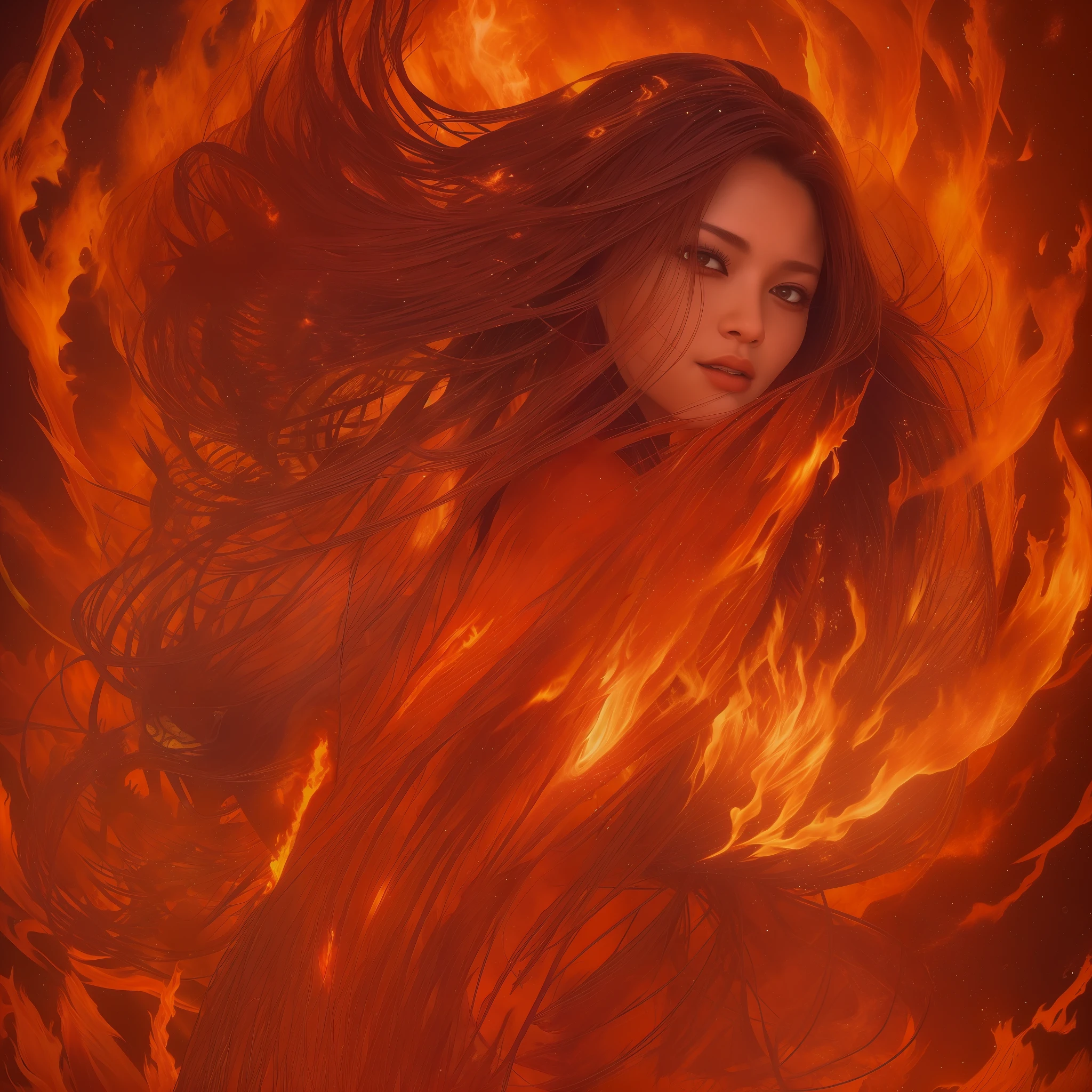Artwork depicting fire spirits evokes a sense of vitality and passion. The body of the Fire Spirit is enveloped in red and orange flames, giving the impression that it is in a raging flame. The silhouette is blurred by the dance of flames, and the beauty of a woman emits a mysterious glow. There is depth in her expression, and you can see the passion hidden in her. This work embodies the strength and heat of the Fire Spirit and conveys its intense energy to the viewer, interweaving photorealistic with Zentangle and Mandala, masterpiece, highest quality, ultra-detail, HDR, 8K