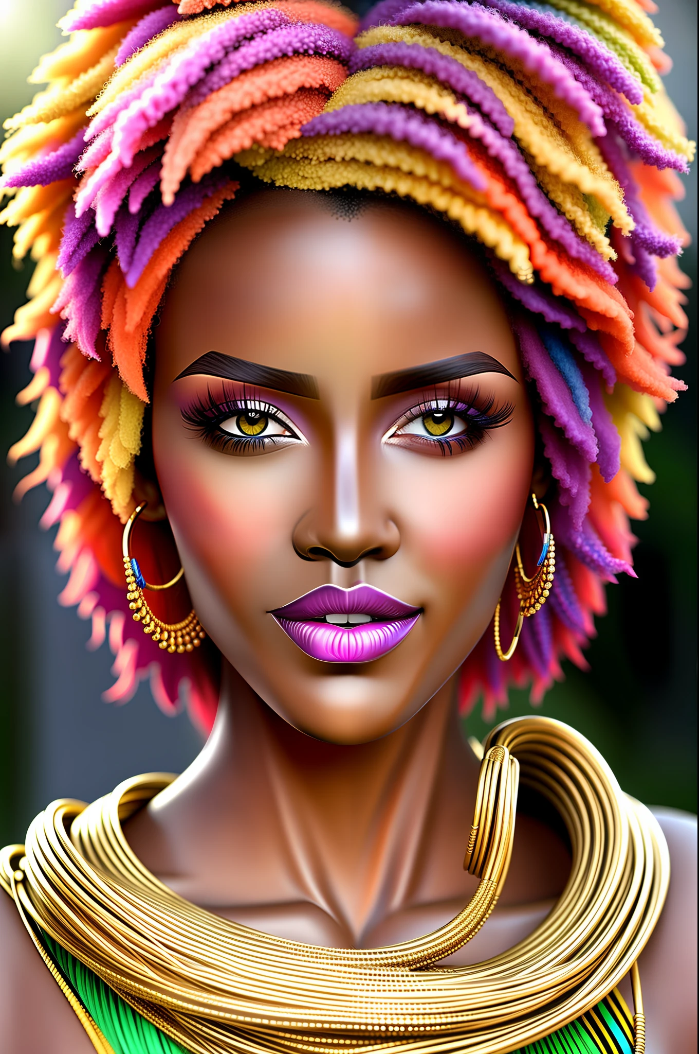 ((african goddess woman)), dark skin, (realy luxuriant afro-textured hair rainbowned), gorgeous, ????, curvy, busty, (geisha eyes), heterochromia,