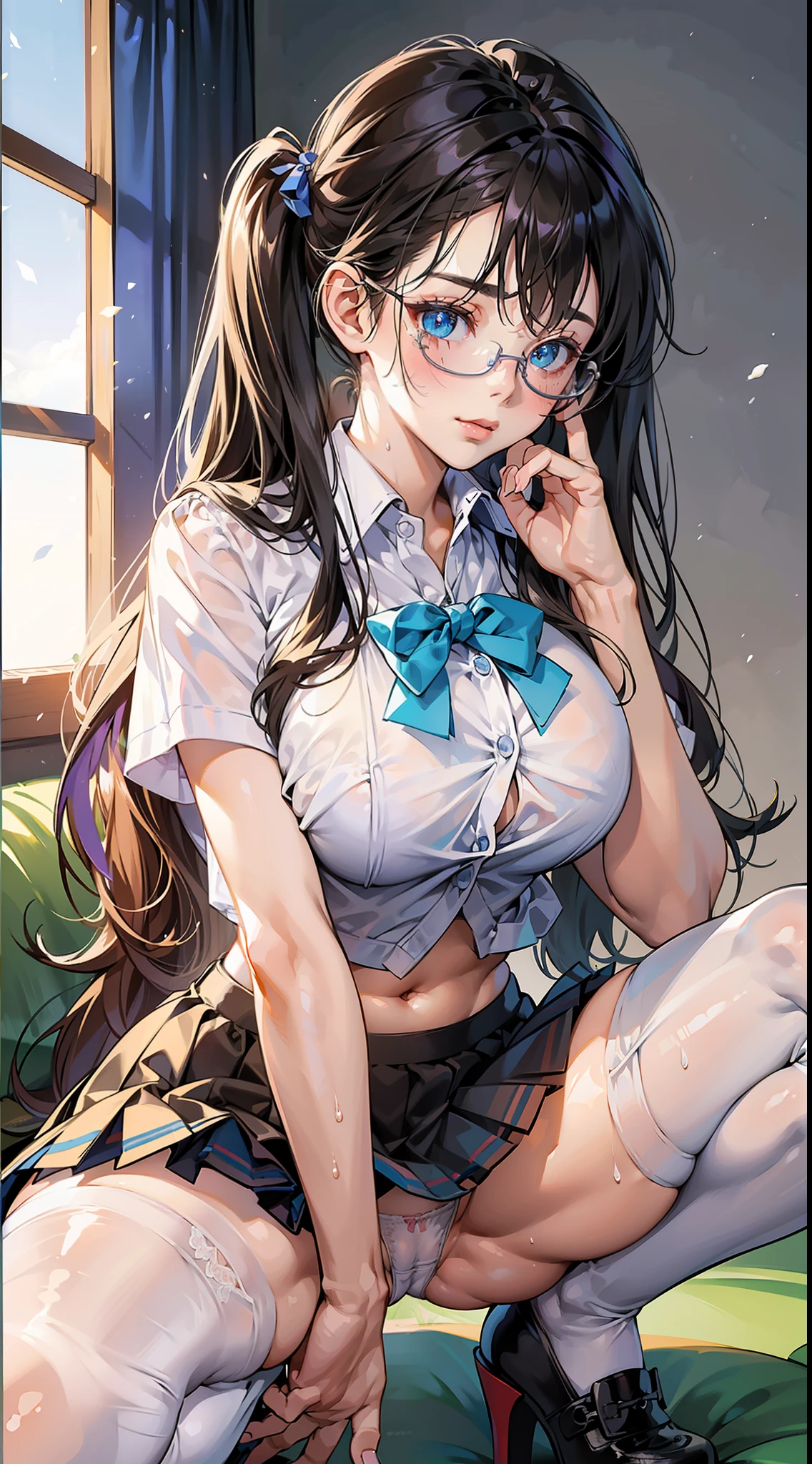 ((masterpiece)), ((best quality)), (ultra-detailed), ((kawaii)), cute, (lovely), ((sexy)), (ero), ((extremely detailed)), 4K, (8K), best quality, (beautiful), 

in the classroom, sofa, Squatting,

1girl, ((beautiful blue eyes)), beautiful black twintail hair, glasses,

darkbrown high school uniform, open-button shirt, pleated skirt, stockings, pumps shoes, ((White panties, cameltoe)),

buttocks, large breast, sweaty, wet body, navel out, thighs out, slim, slender,  ribon, ashamed, blush, translucent body, Transparent, shiny-glistening, gleaming,