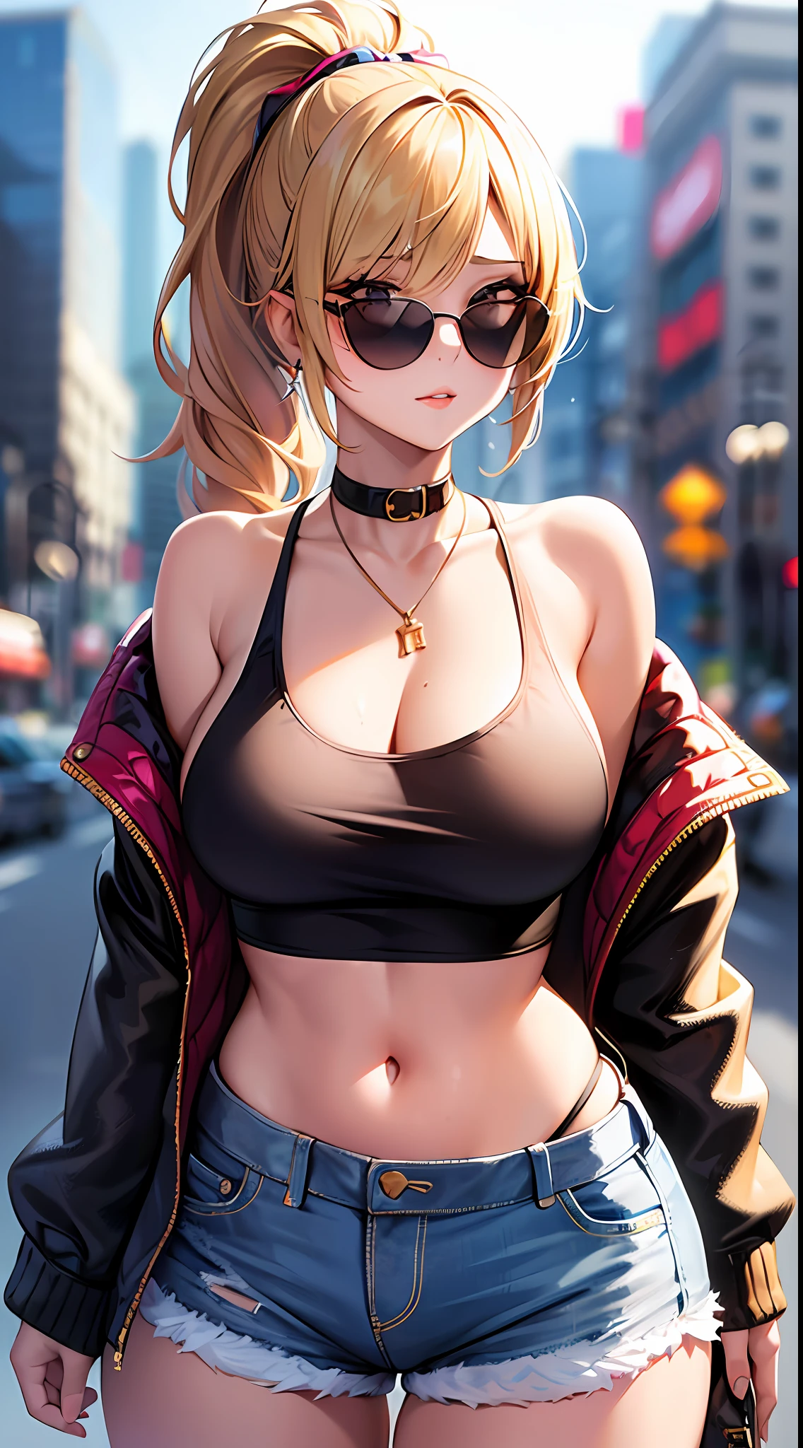 1girl, masterpiece, best quality, medium full shot, blonde ponytail, (off shoulder jacket, tank top, shorts, sunglasses, busty, sexy body, erotic pose, thighs), city background