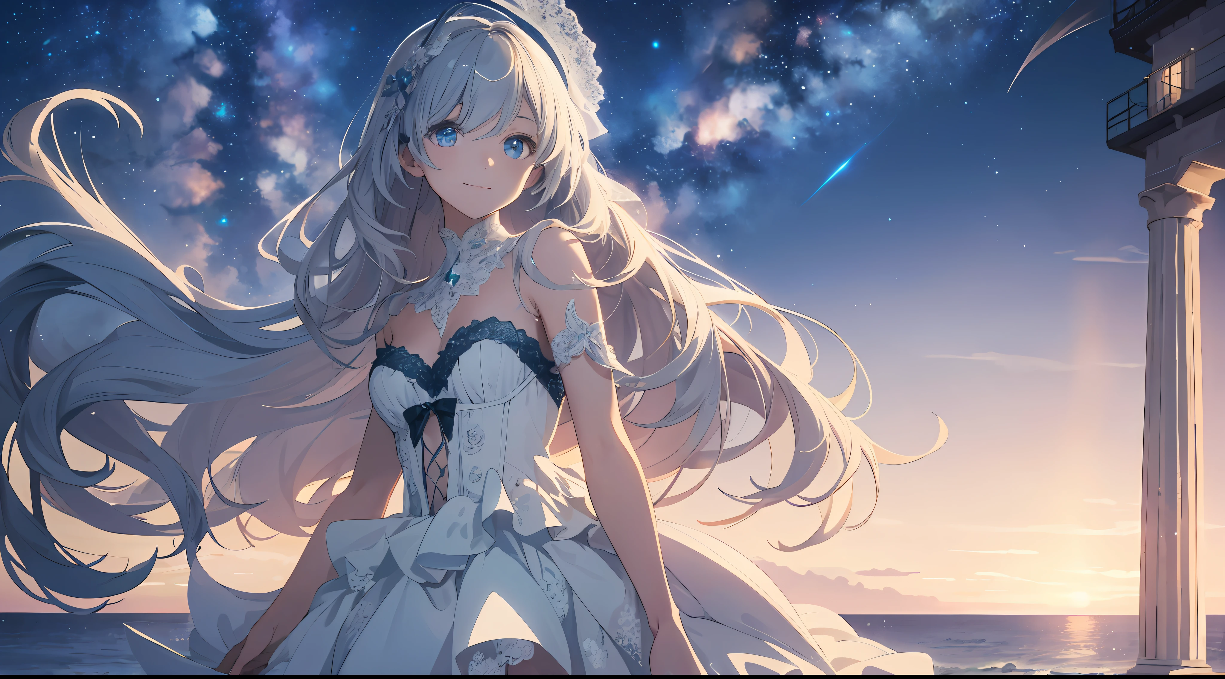 (Best Quality: 1.5), (Ultra Detail: 1.5), (Best Quality Photo: 1.5), One white lighthouse standing on the cape, the ocean as far as the eye can see, horizon, pitch black sea, full moon night, rainbow, late night, scenic beauty, beautiful landscape, galaxy, nebula, full of stars, light particles, very delicate and beautiful, very detailed, bioluminescence, cinematic light, mysterious, cinematic angle, 8k resolution, elegant, perfect, smooth, beautiful girl looking far away, very cute, smile, (delicate and beautiful eyes: 1.2), (girl: 1.5), lace, ribbon, strapless,
