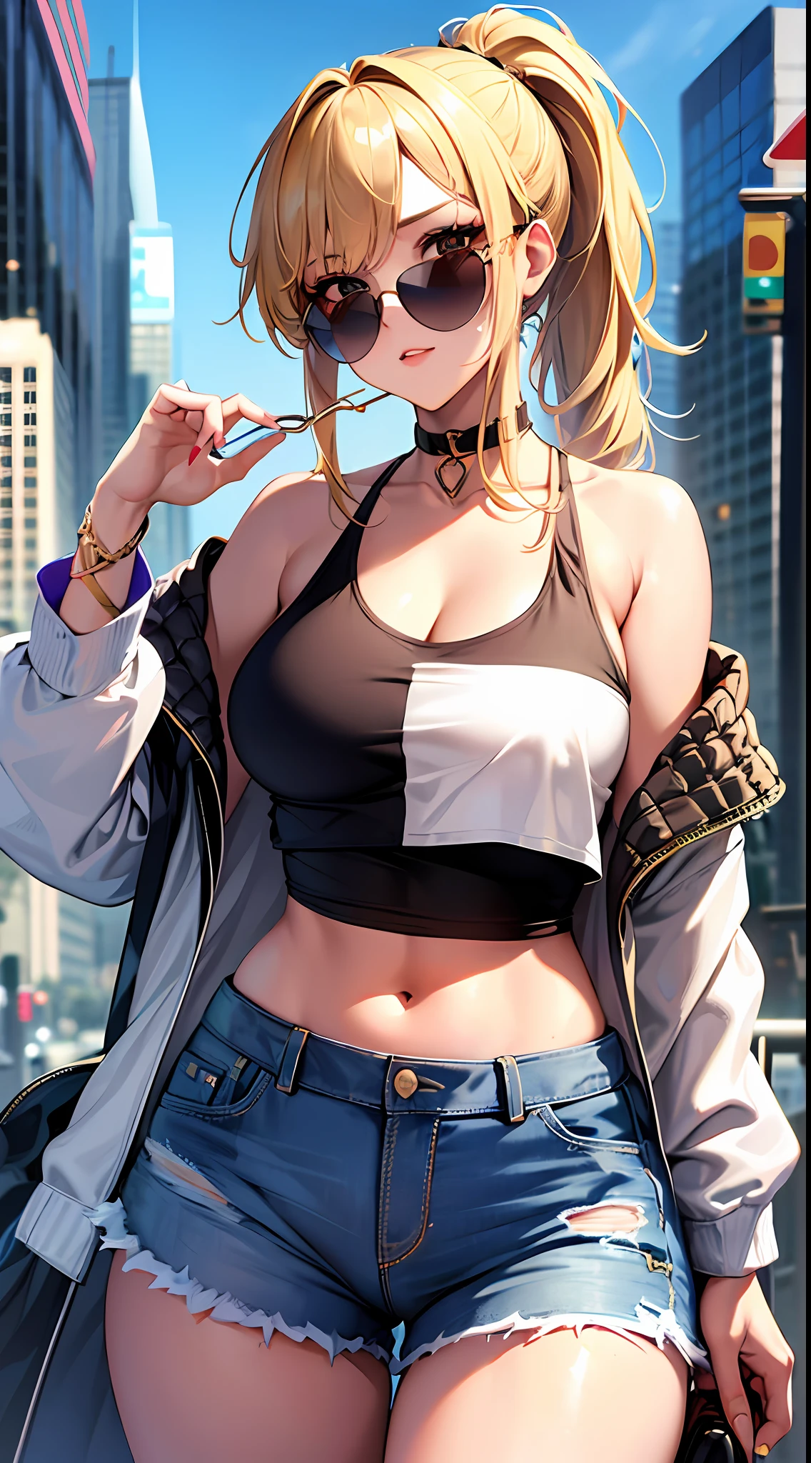 1girl, masterpiece, best quality, medium full shot, blonde ponytail, (off shoulder jacket, tank top, shorts, sunglasses, busty, sexy body, erotic pose, thighs), city background