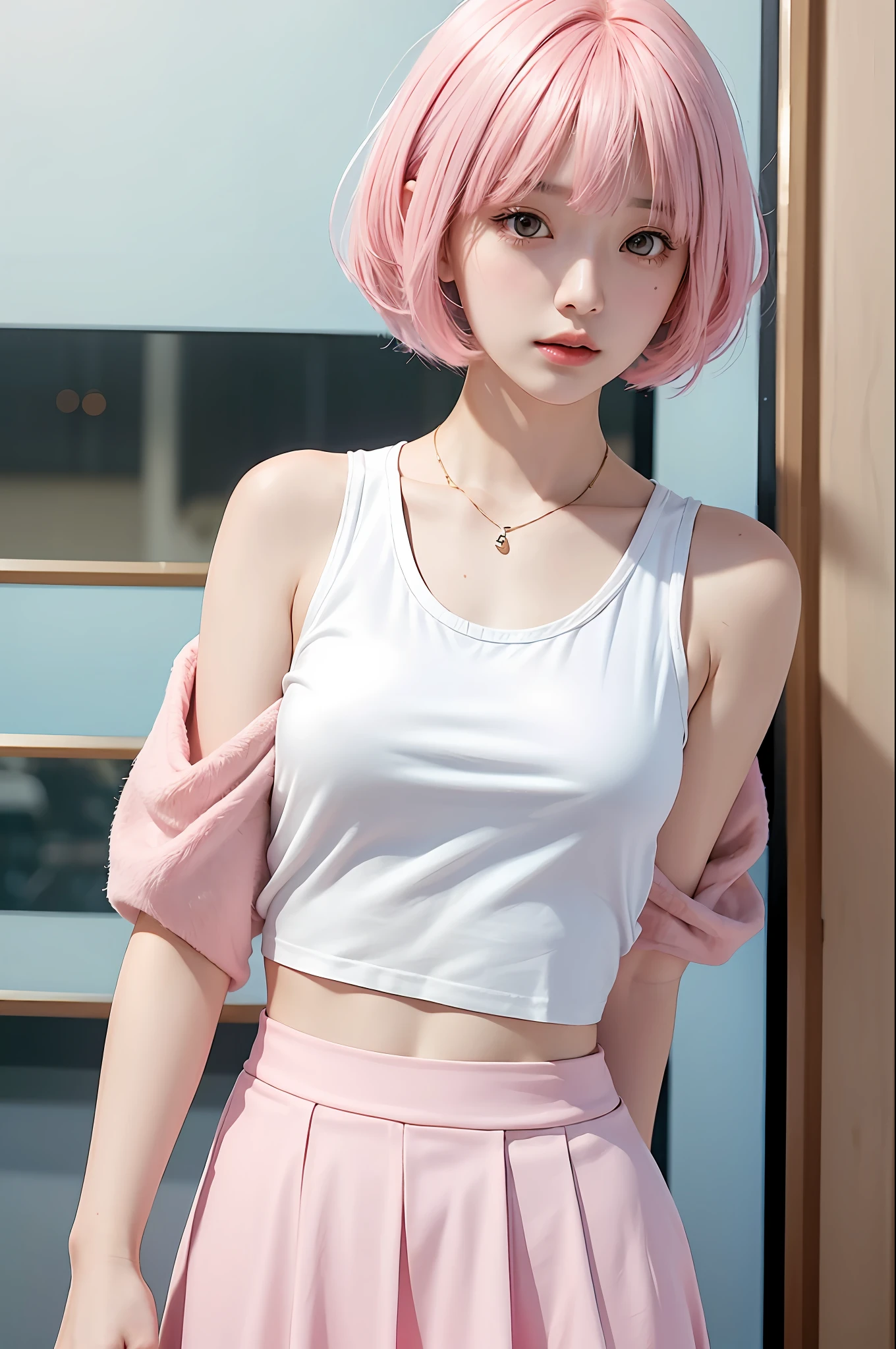 Short Cuts Hair, Brunt Bangs, (White Tank Top), (Black Skirt), 1girl,Solo,Odango Hair, Flashy Hair, Photorealistic, High Resolution, 1 Girl, Golden and Pink and Light Blue Hair, Colorful Hair Color, Korean, Tokyo, Cowboy Shot,