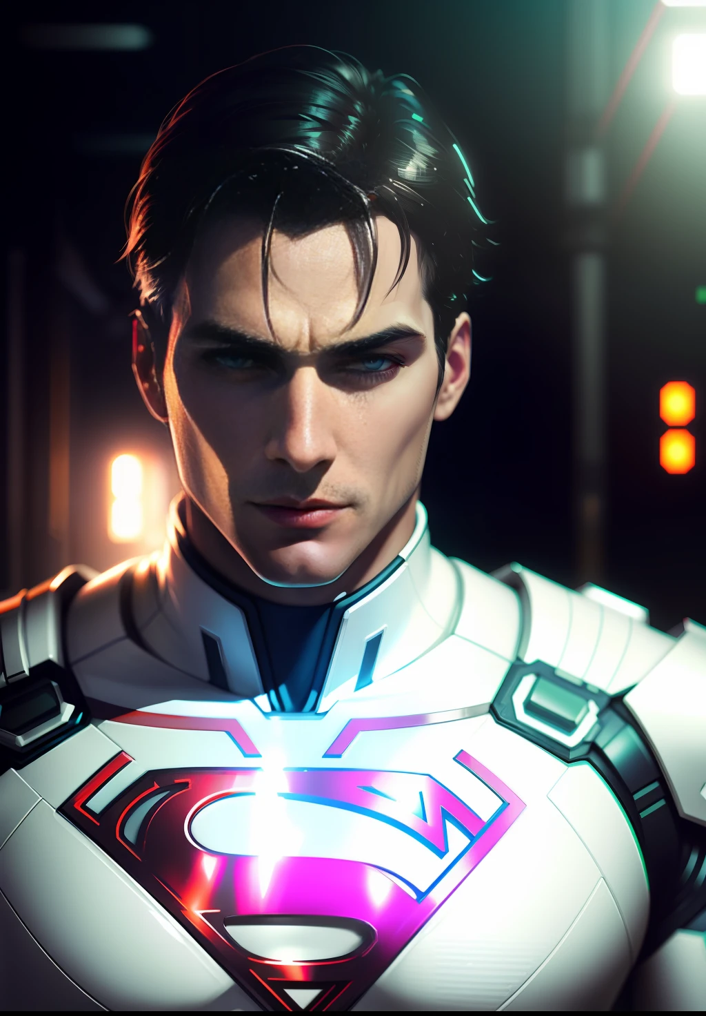 Hyperrealistic White Superman in tech armor suit, scary, CyberneticPunk, Glitchcore, Film photography, Rigging, 100mm, game asset, chintzy colors, Gothic , fluorescent lighting, Ultra realistic