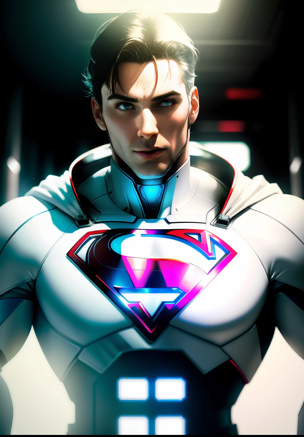 Hyperrealistic White Superman in tech armor suit, scary, CyberneticPunk, Glitchcore, Film photography, Rigging, 100mm, game asset, chintzy colors, Gothic , fluorescent lighting, Ultra realistic