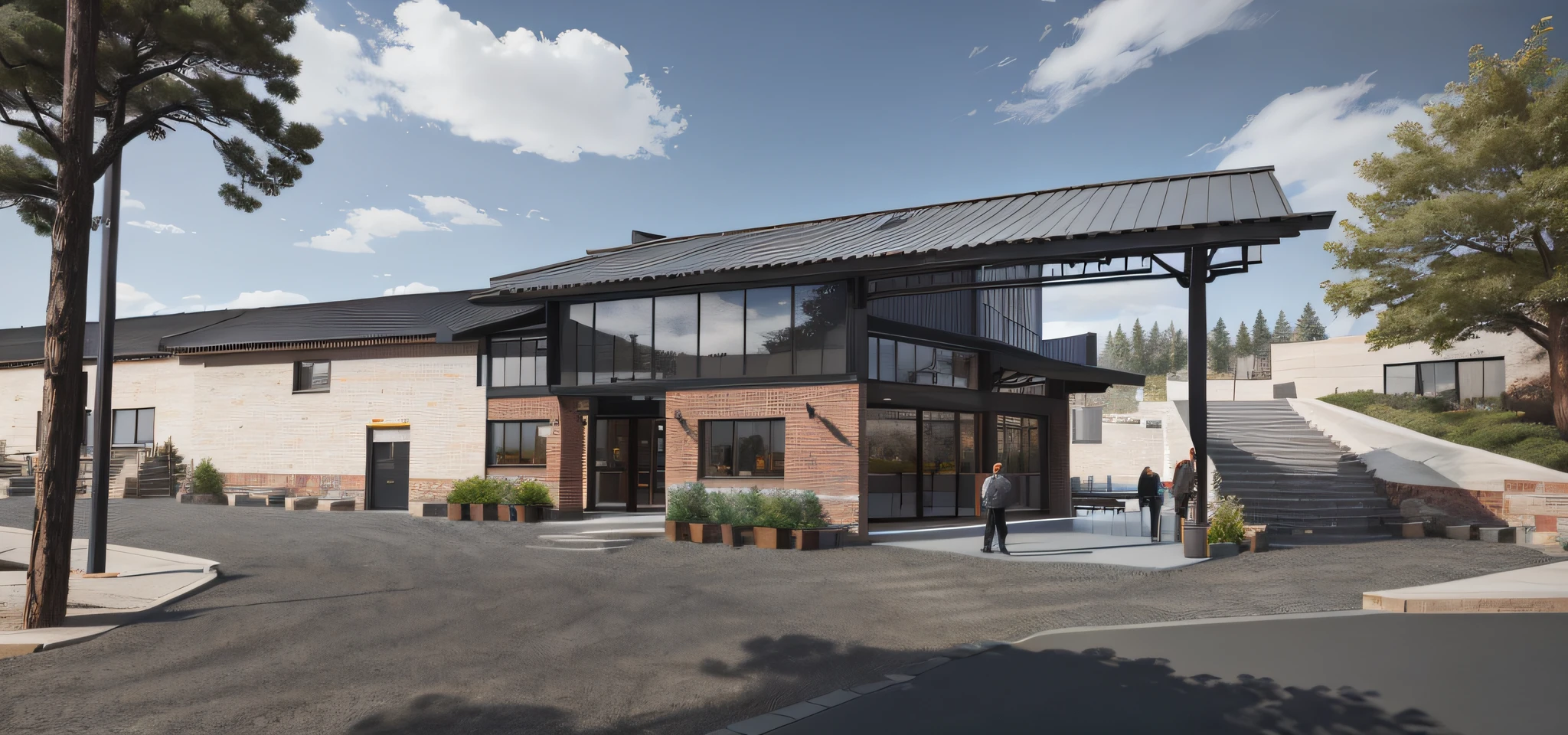 The exterior rendering of the building, steel and glass structure, incorporating traditional elements to set off the casual atmosphere, the audience enjoys the drama performance, showing the artist's impression, the wide-angle clear appearance, ushering in 2022, the final realistic rendering effect, including the front view and the front HQ rendering.