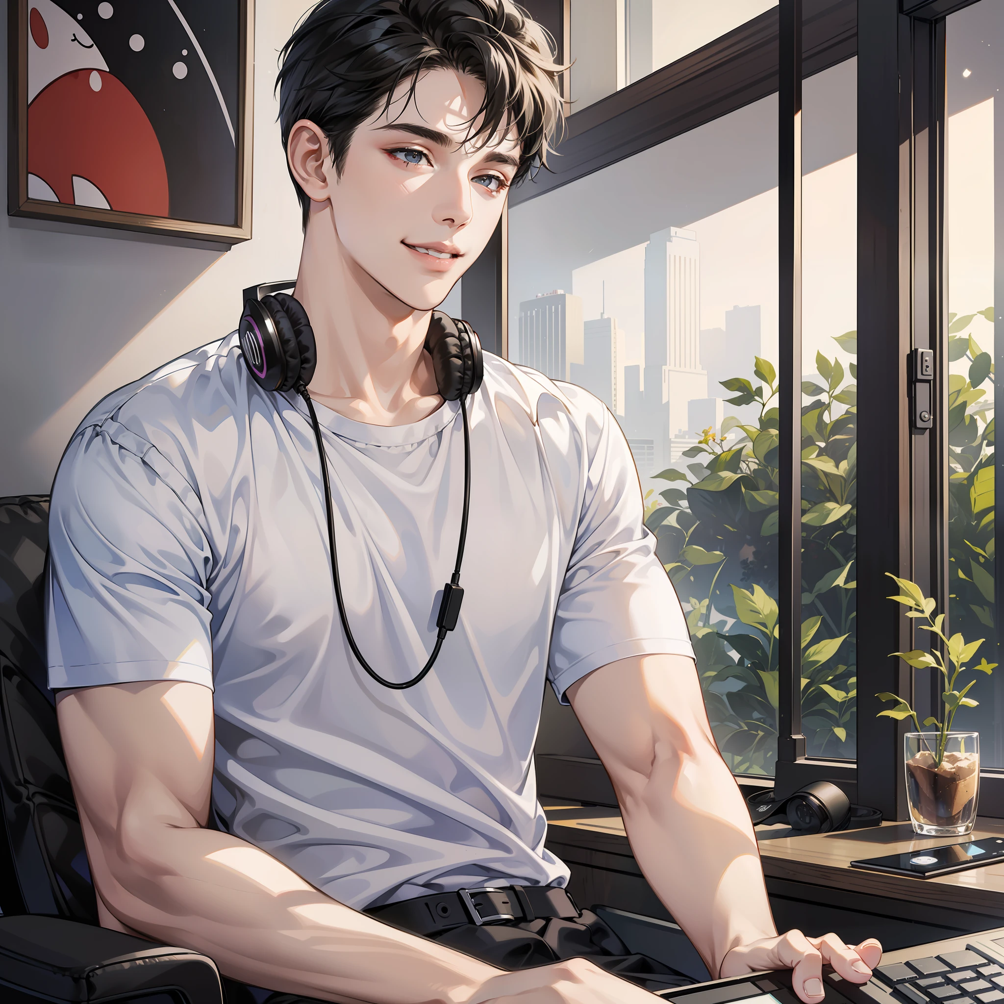 Masterpiece, high quality, best quality, HD, realistic, perfect lighting, detailed face, detailed body, 1 man, short black hair, white t-shirt, (smile emoji: 1.5) (happy face: 1.5), wearing headphones, sitting in front of computer screen, room