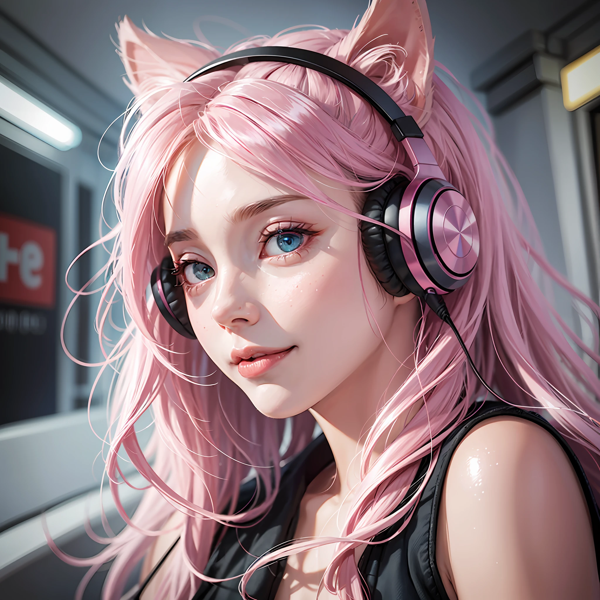 Striped hair, pink hair, wavy hair, wavy hair, headphones, headphones behind headphones, heart pupils, multicolored eyes, aqua eyes, glowing eyes, sparkling eyes, devil eyes, light smile, crazy, serious, seductive smile, smug, tsundere, chin scratch, surrealism, futurism, chiaroscuro, depth of field, cinematic lighting, glitter, motion blur, three-sided view, close up, best quality, UHD, wide-angle, half-body --auto --s2