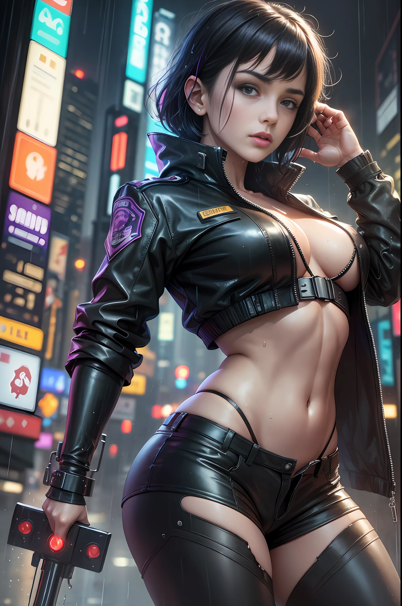 masterpiece, best quality, highres, realistic, woman, police coat, rainy wet weather, soaking wet skin, raindrops, thunder storm, blade runner, dystopia, science fiction, biomechanical details, bright neon lights, dark looming buildings, barechest, big pecs, pale skin, pulled down pants,short black hair,((young)) --auto --s2