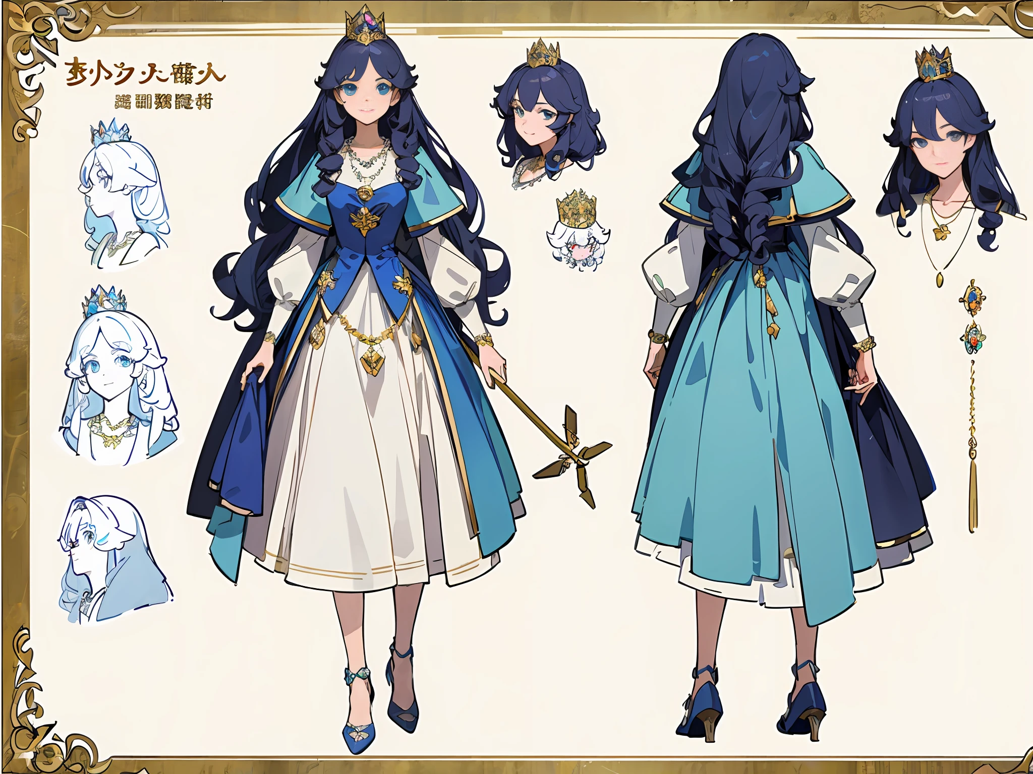 (Masterpiece, best quality) detailed, character list, princess, careful good-looking eyes, good-looking perfect face, long curly hair, full of details