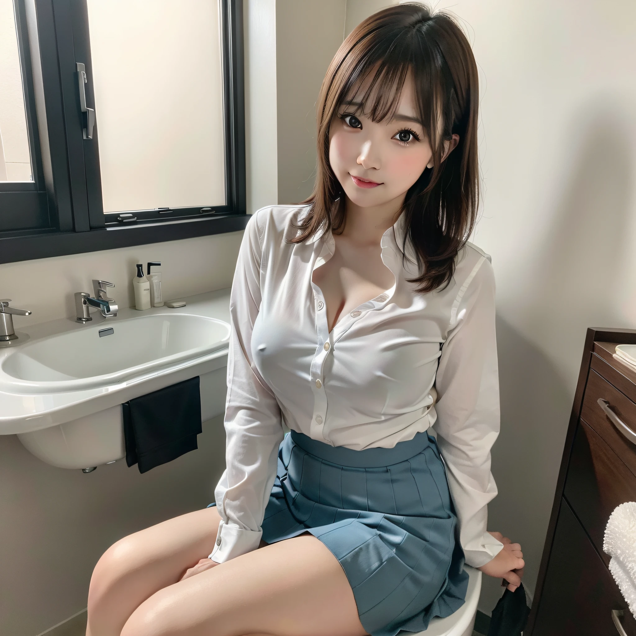 milf, ((teacher uniform)), RAW photo, (photorealistic: 1.37, realistic), highly detailed unified CG 8K wallpapers, 1girl, ((perfect body: 1.1)), (medium breasts: 1.2) , looking at the viewer, (((straight from the front))), (HQ skin:1.2, shiny skin), 8k uhd, dslr, soft lighting, high quality, film grain, Fujifilm XT3, ((full body: 0.8)), (professional lighting:1.4) sitting on the toilet, making necessities, in the bathroom, legs open,
