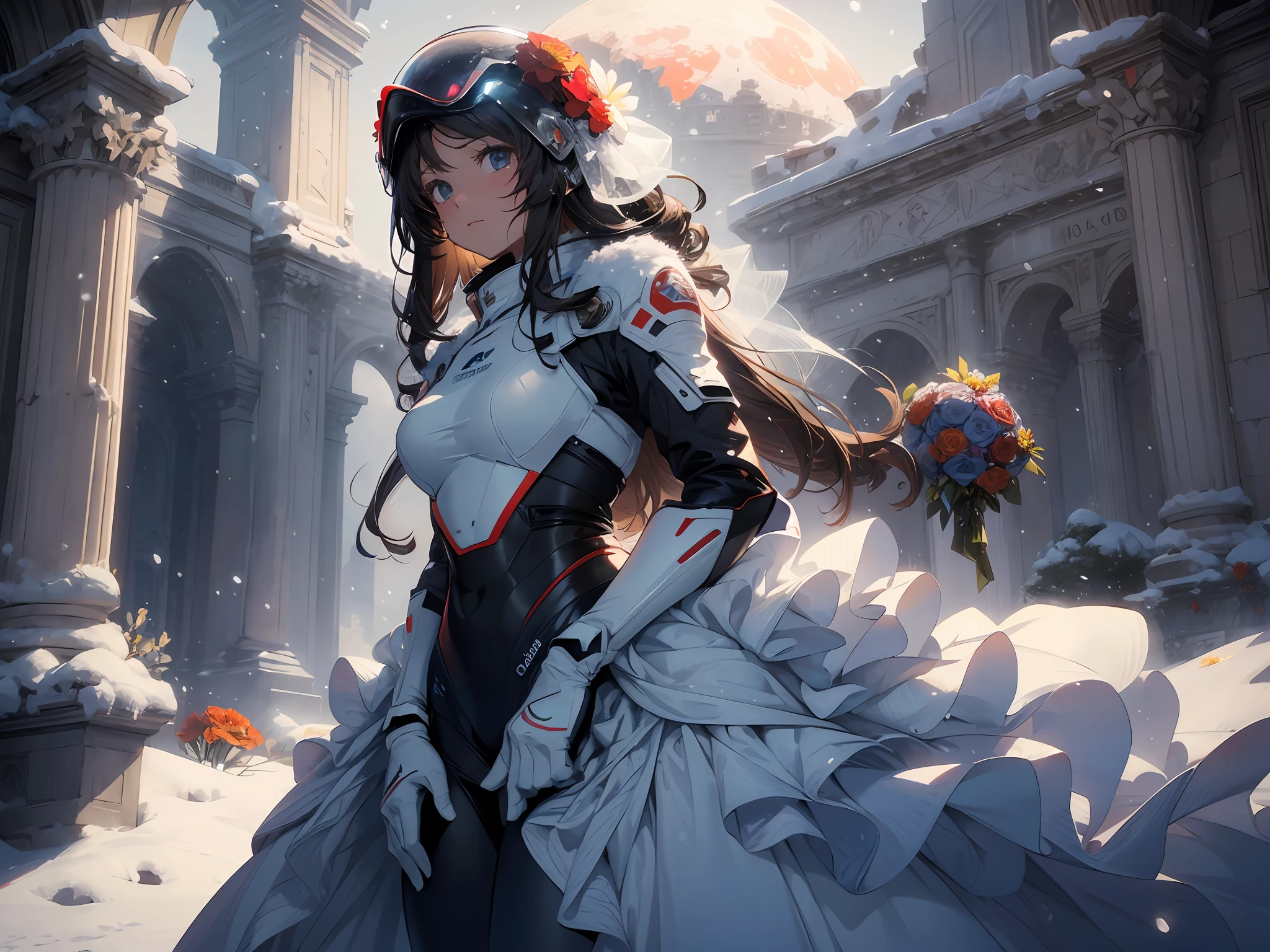 masterpiece, hyperdetail, Illustrations, dynamic angle, 1 girl, (solo), (wearing aerospace suit helmet), wedding dress, full body, outdoor, sunset, (snow, snowstorm:1.2), ruins, big red moon, third person, (withe flower:1.5), illustration, vivd color, cinematic lighting,