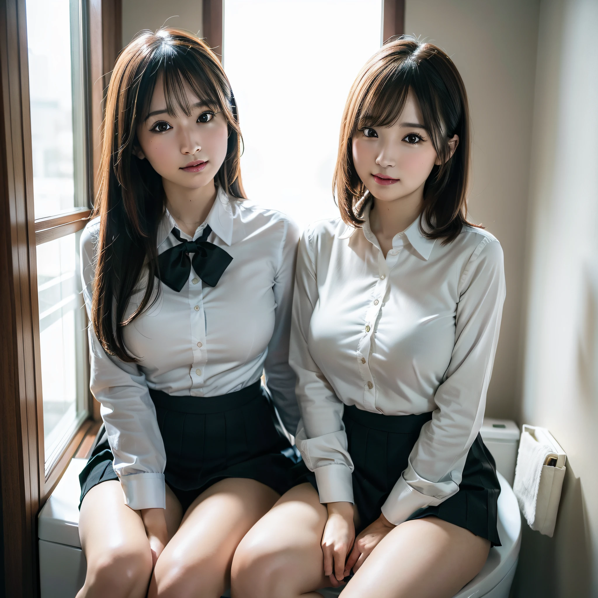 milf, ((teacher uniform)), RAW photo, (photorealistic: 1.37, realistic), highly detailed unified CG 8K wallpapers, 1girl, ((perfect body: 1.1)), (medium breasts: 1.2) , looking at the viewer, (((straight from the front))), (HQ skin:1.2, shiny skin), 8k uhd, dslr, soft lighting, high quality, film grain, Fujifilm XT3, ((full body: 0.8)), (professional lighting:1.4) sitting on the toilet,  making necessities, in the bathroom, legs open,