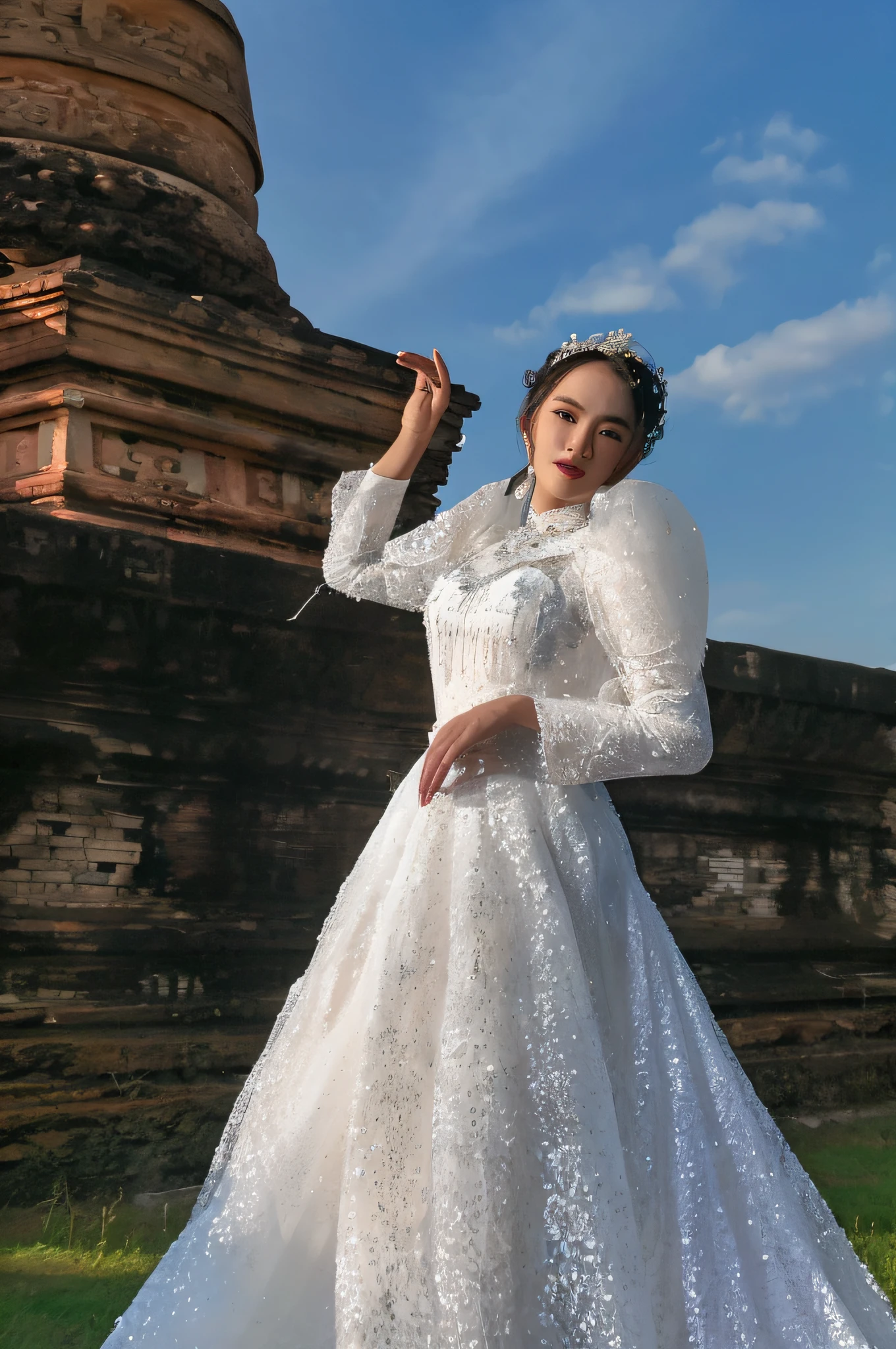 arafed woman in a white wedding dress posing for a picture, ao dai, sukhothai costume, in style of thawan duchanee, ancient white dress, palace ， a girl in hanfu, inspired by Jin Nong, in style of lam manh, white hanfu, inspired by Tang Yifen, white royal dress